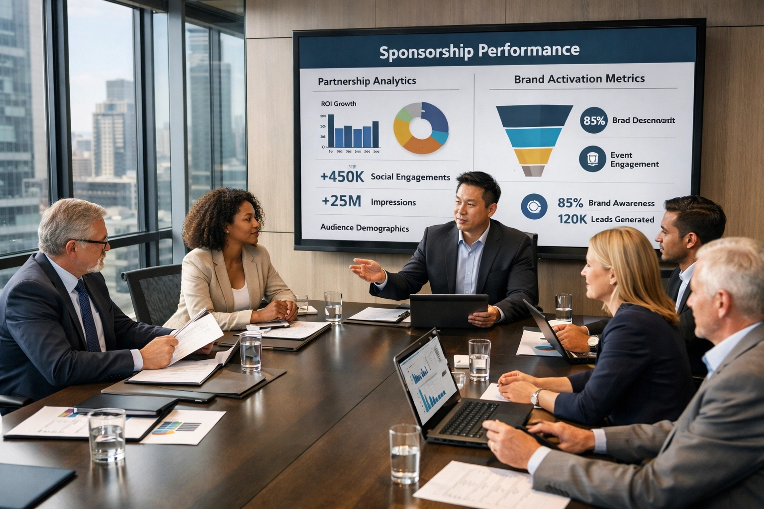 Business executives reviewing sponsorship activation framework and brand partnership strategies