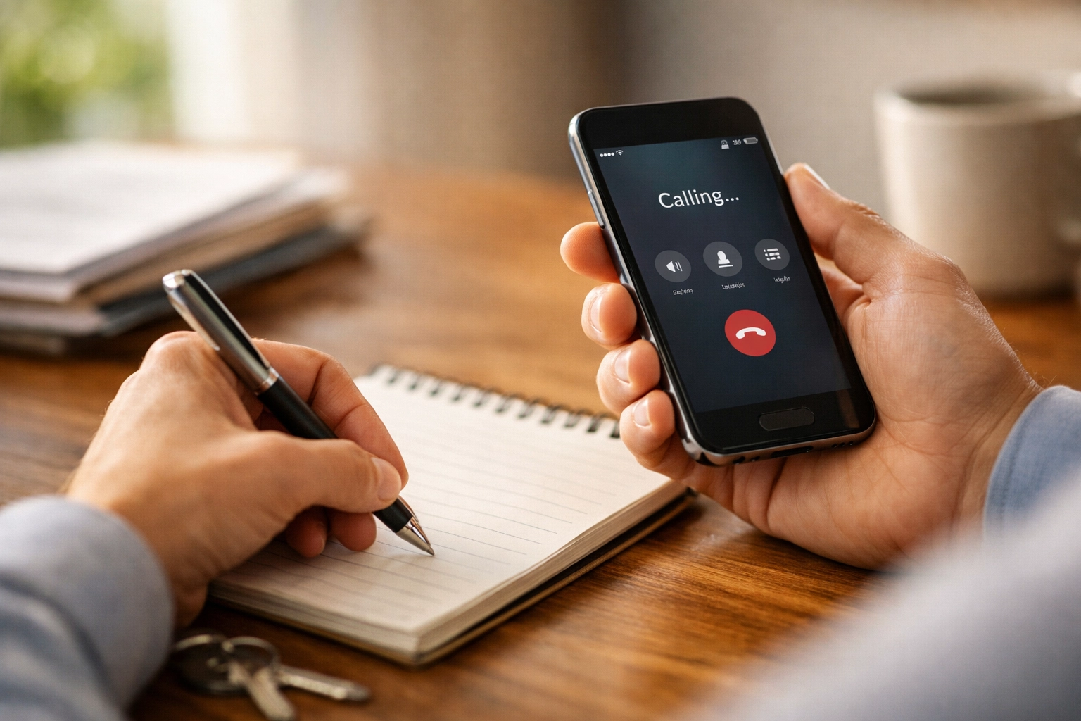 Property manager verifying tenant employment and references by phone with documentation