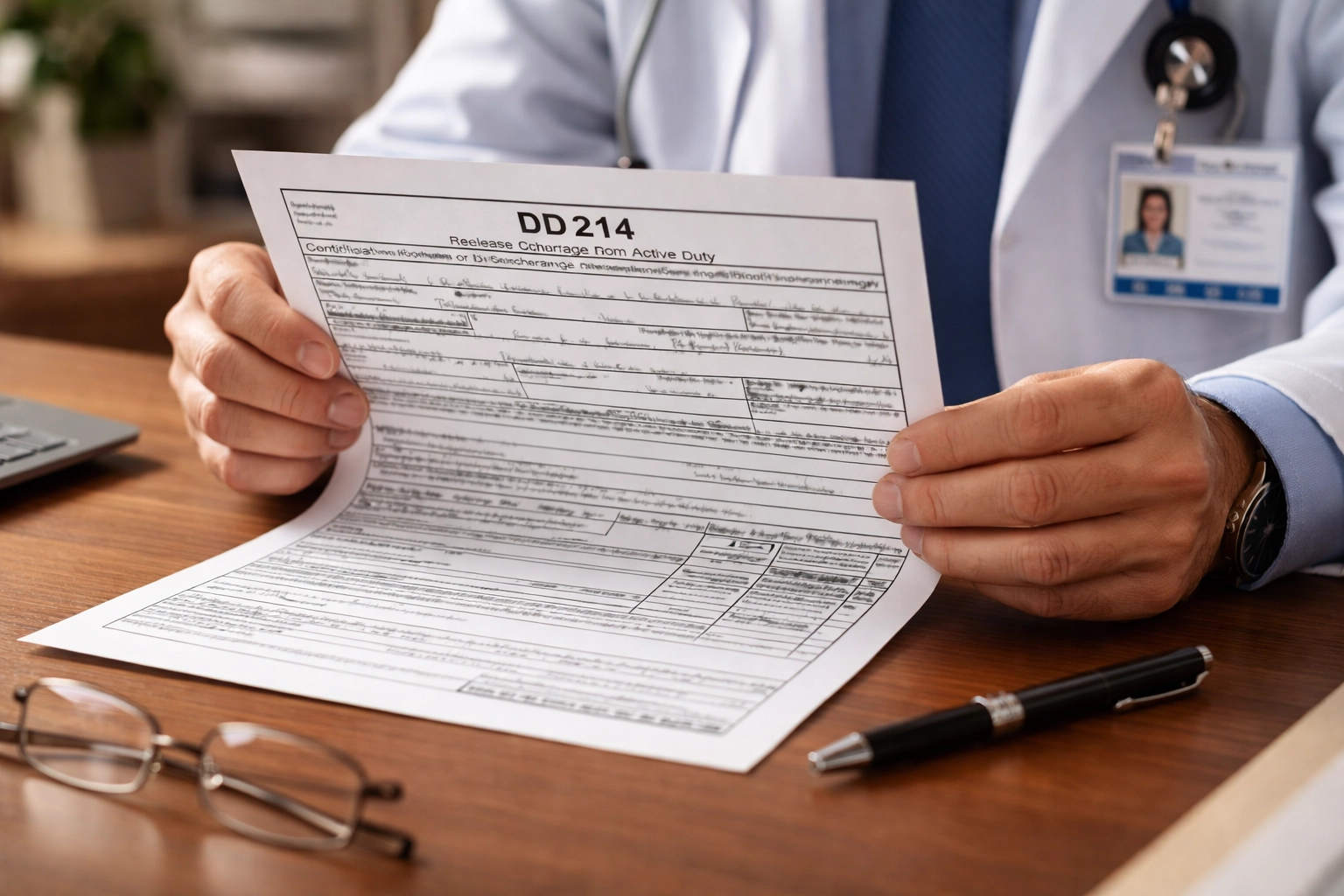 Close-up of DD214 military discharge document being verified for veteran healthcare eligibility