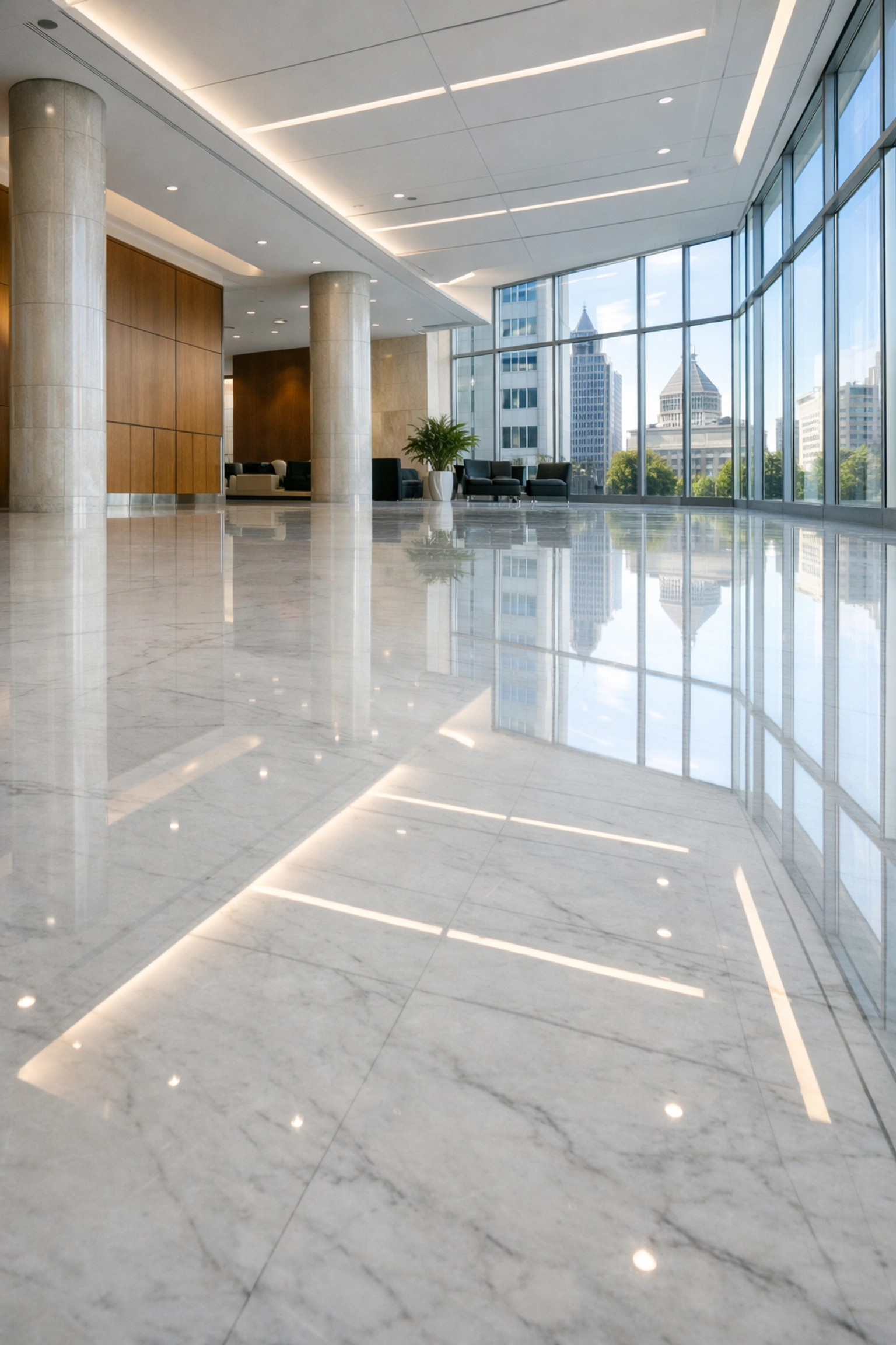 A spotless, high-gloss marble lobby floor in an Indianapolis corporate building reflecting professional maintenance.