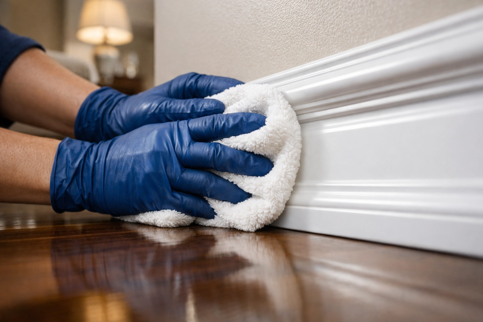 Professional hand cleaning white baseboards, a key part of detailed residential cleaning MA for spring.