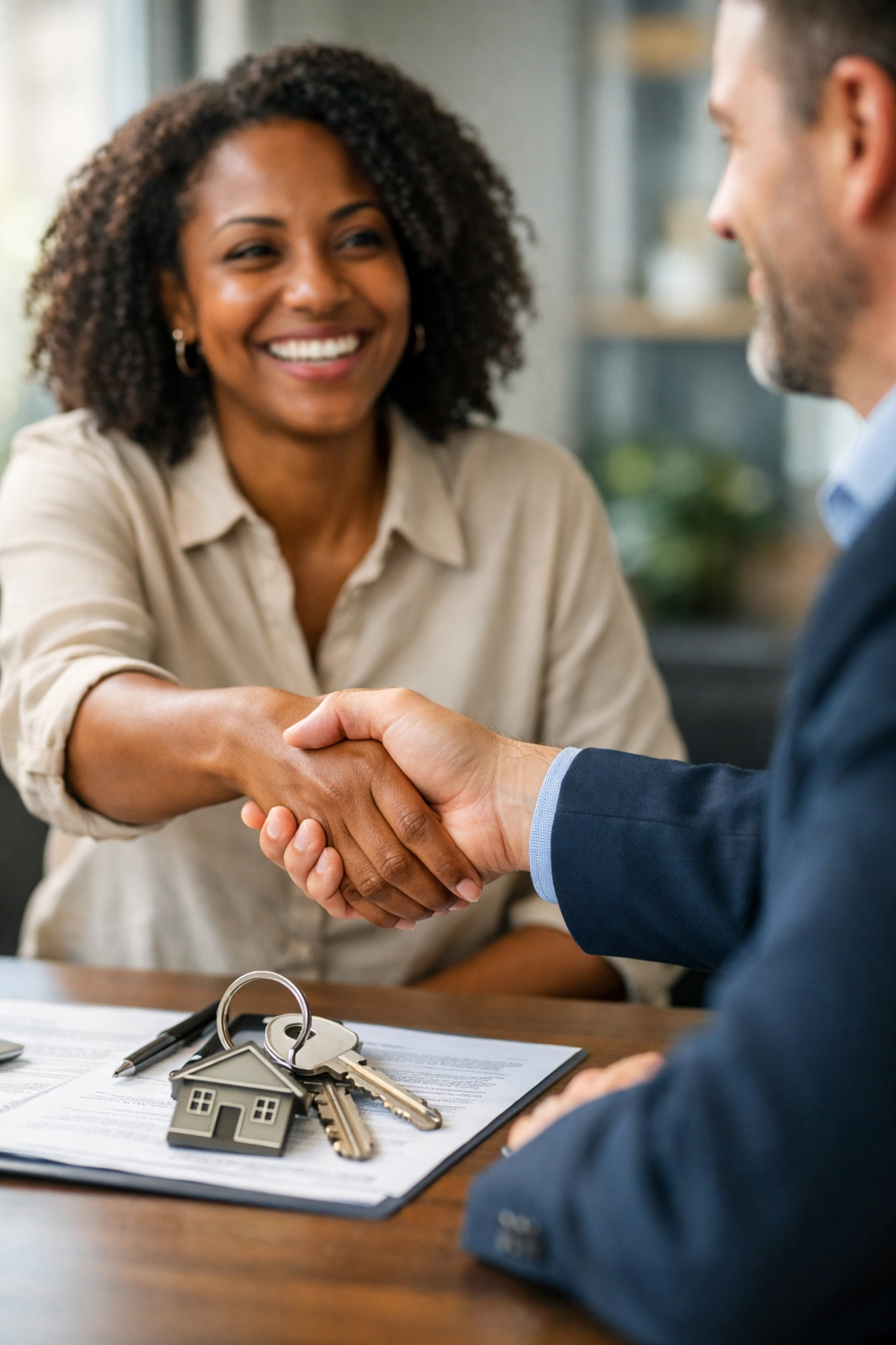 Homebuyer shaking hands with real estate agent during successful home purchase closing
