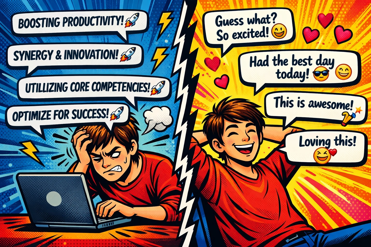 Comparison of robotic AI social media posts versus authentic human-sounding content