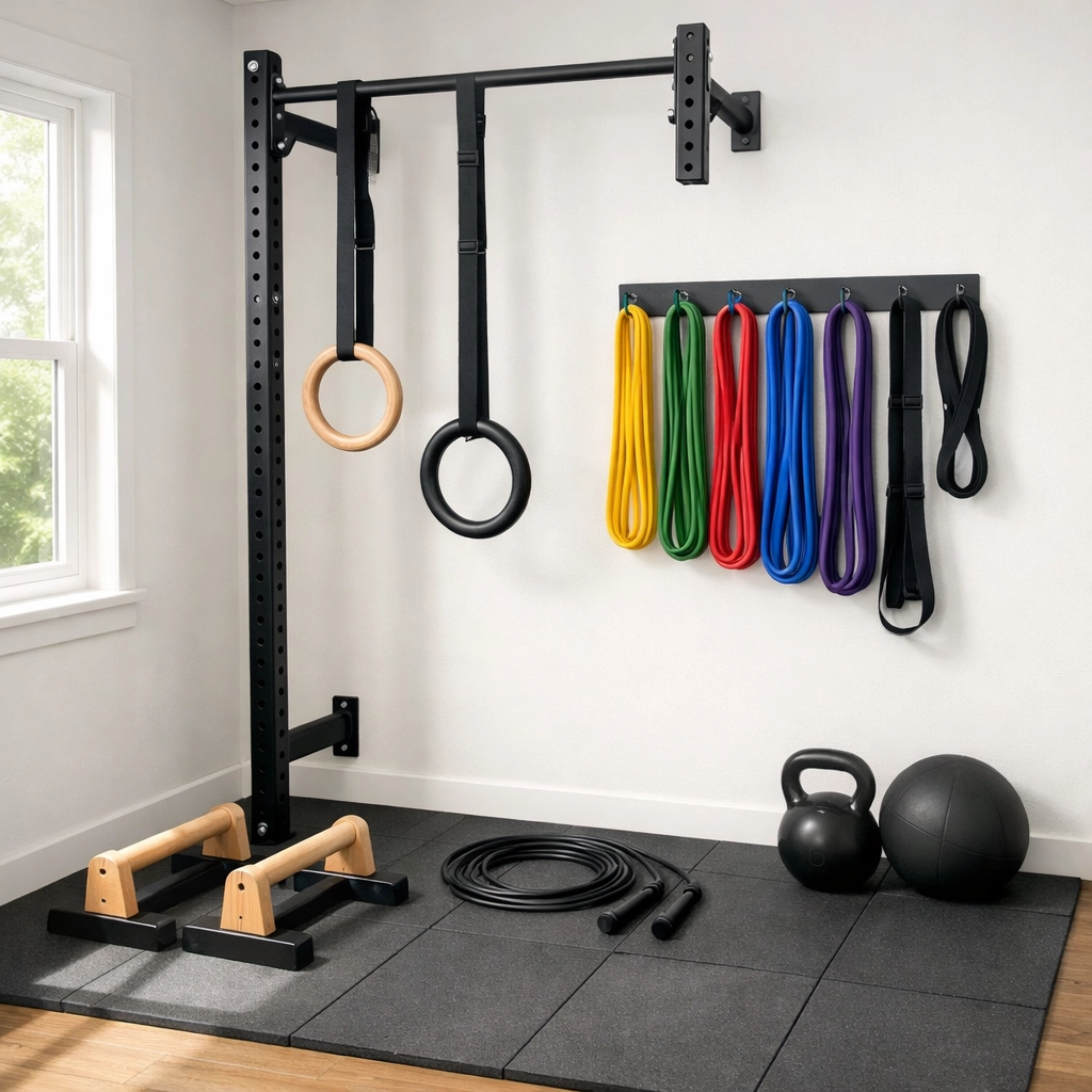 Compact 8x8 versatile home gym setup with calisthenics equipment and resistance bands