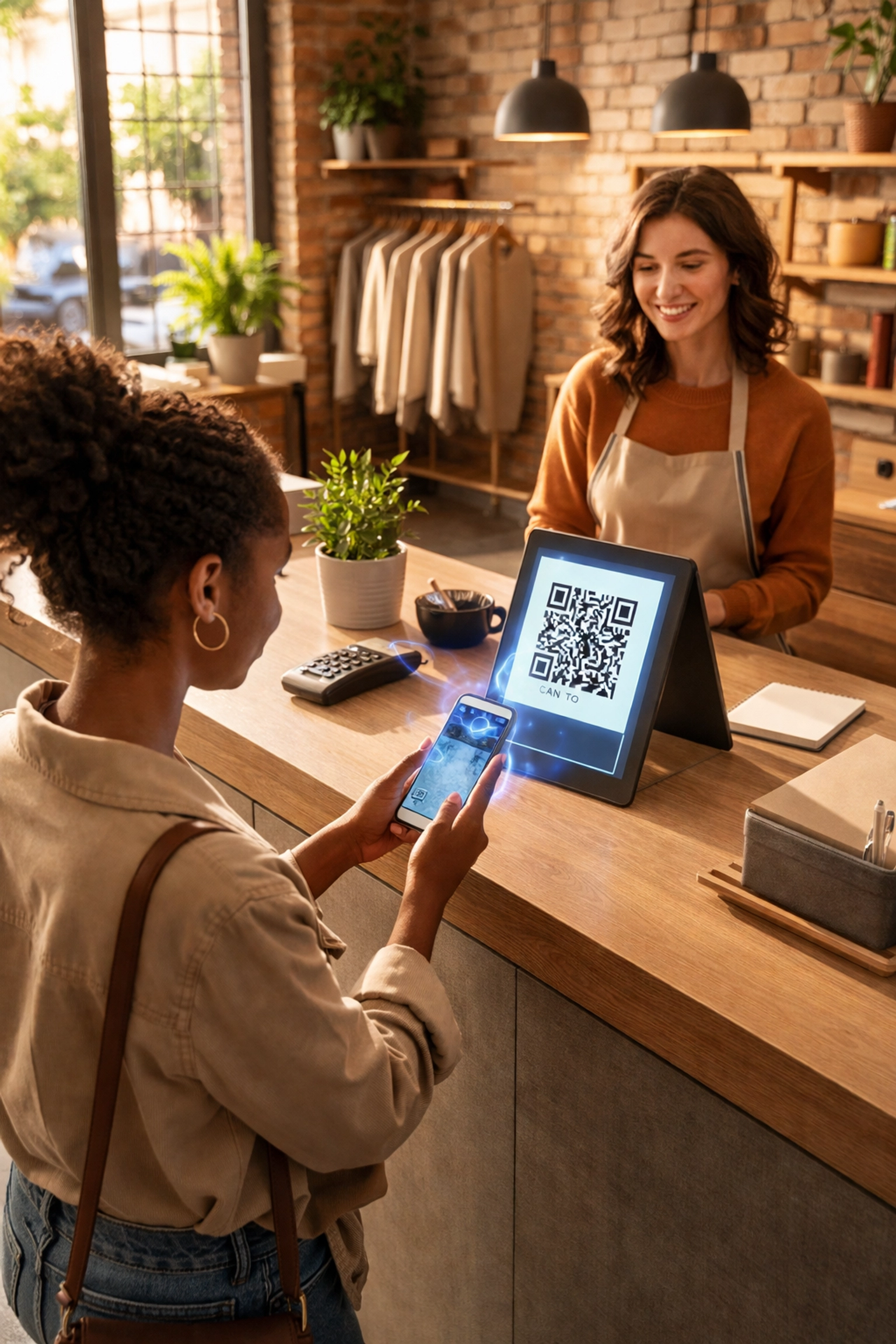 Customer paying with smartphone by scanning QR code in a modern boutique, highlighting crypto POS system for small business.