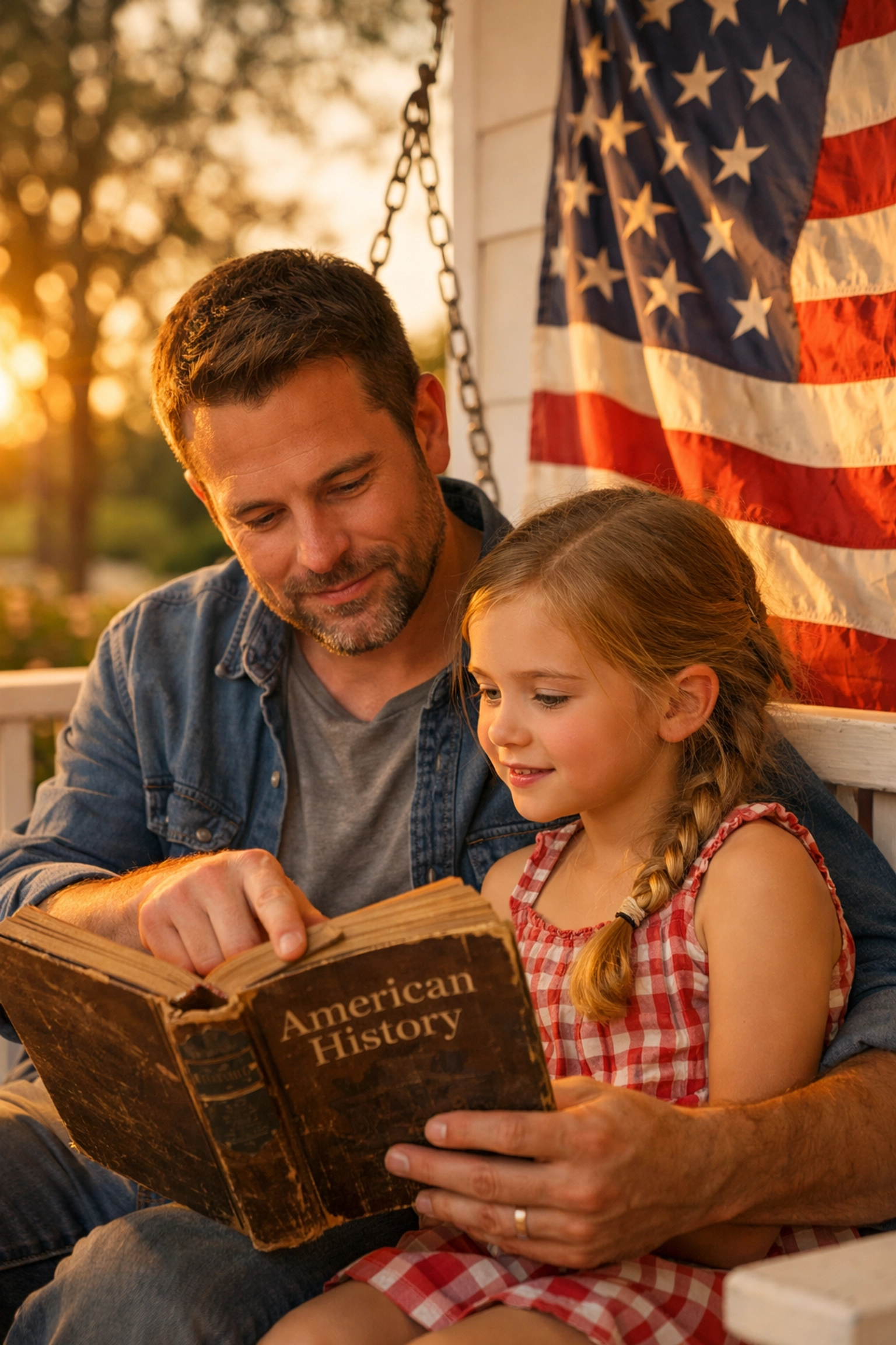 A father teaching his daughter about American history to pass on patriotic values and civic duty.