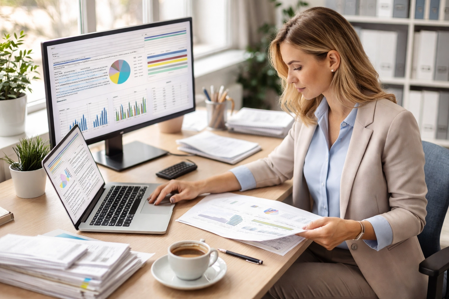 Bookkeeper managing financial records at a modern desk, showing organized small business accounting.