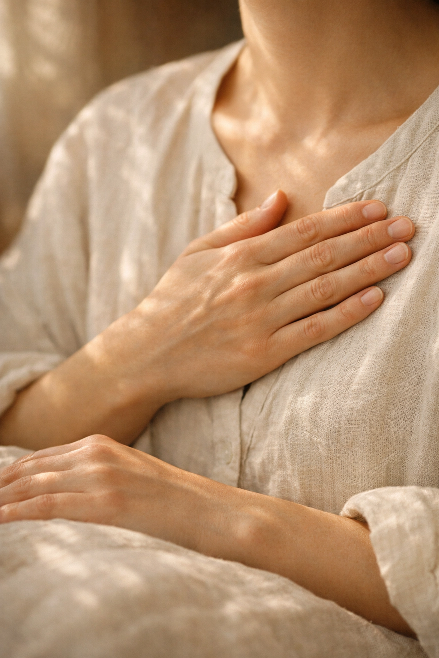 A hand resting over the heart, representing the mind-body connection and somatic healing in trauma recovery.