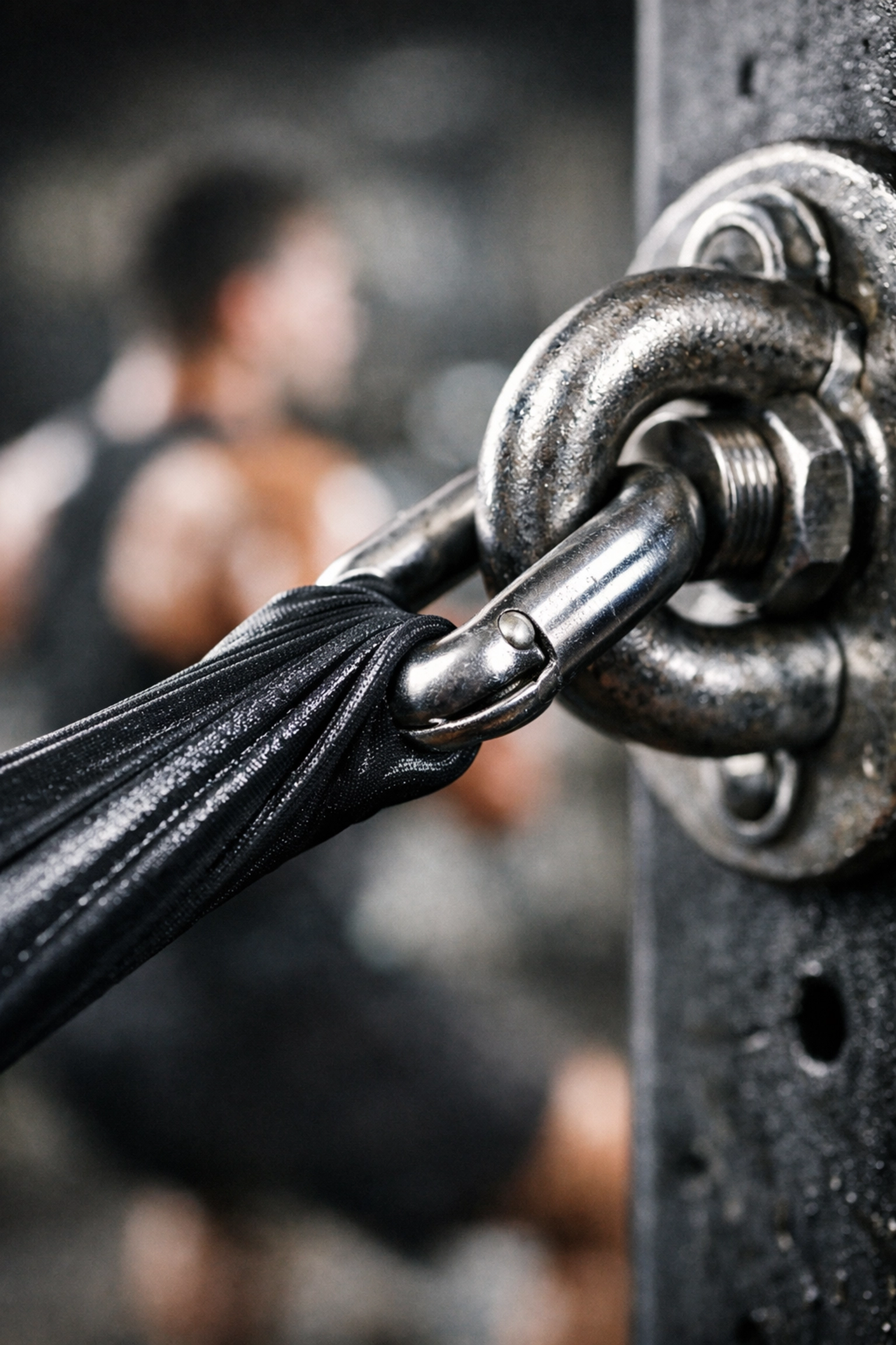 Close-up of a heavy-duty resistance band anchored for high-intensity home training.