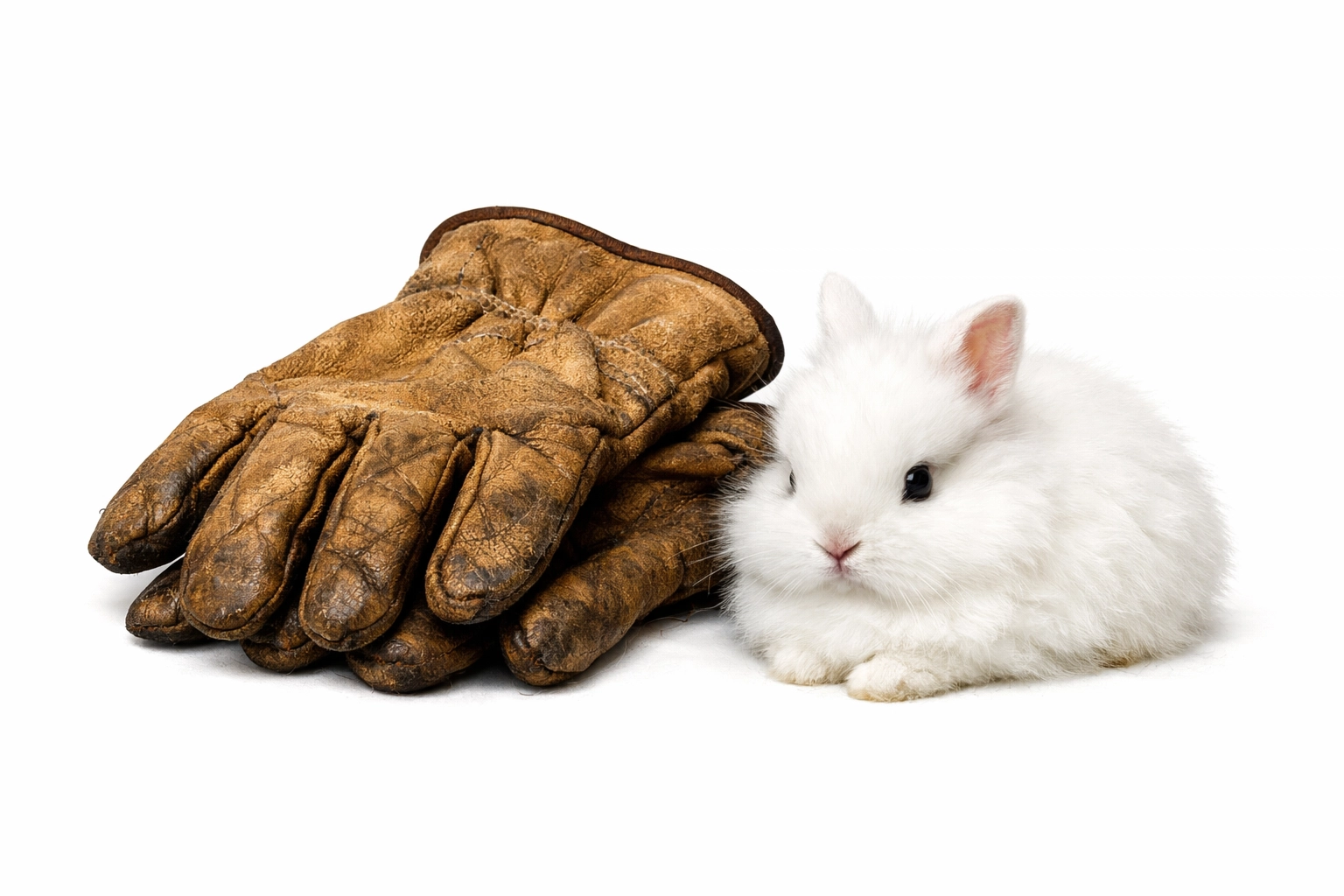 Work gloves and a white rabbit symbolizing the poignant story of Steinbeck's novella Of Mice and Men.
