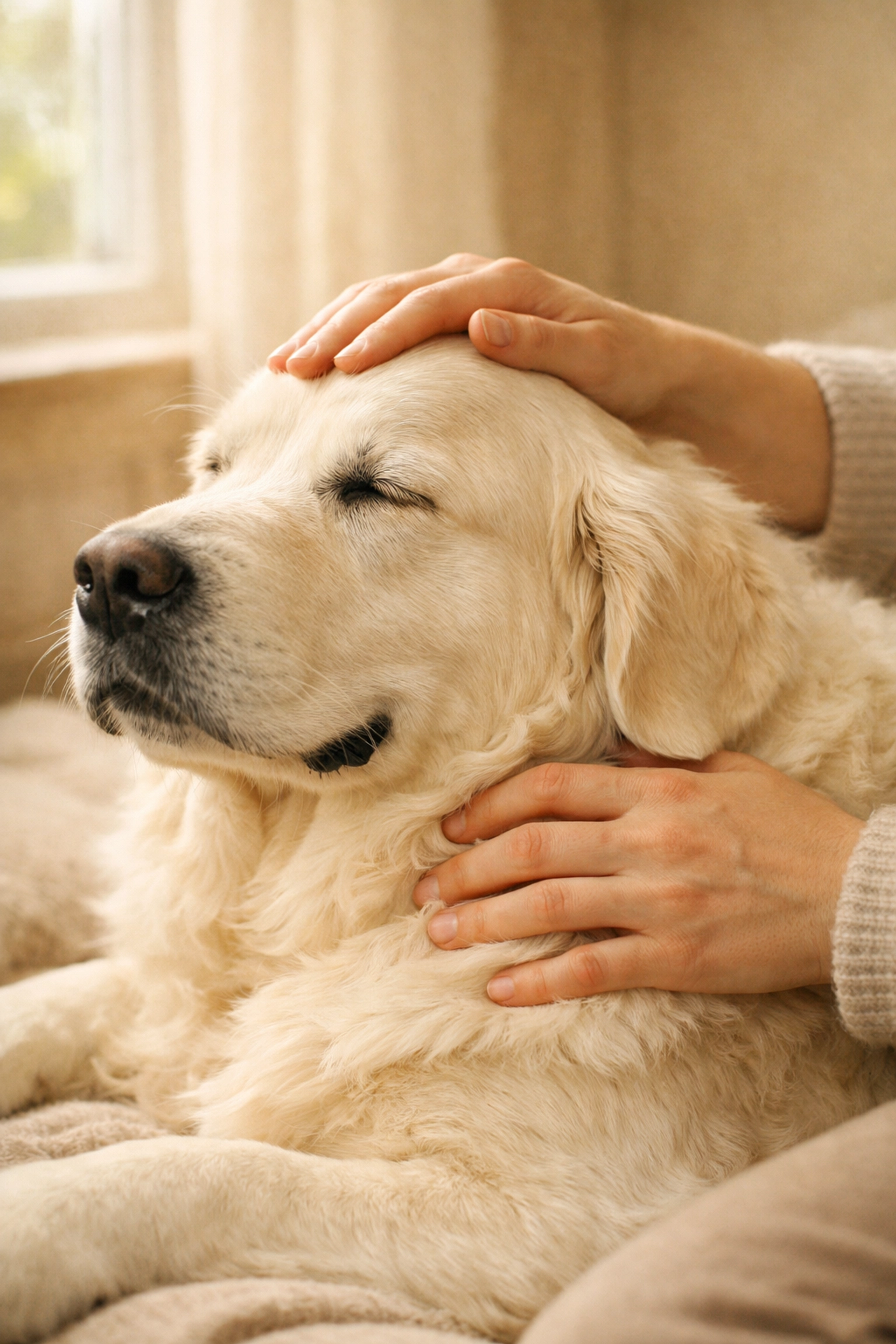 Person petting calm Golden Retriever demonstrating oxytocin bonding connection and therapy dog temperament