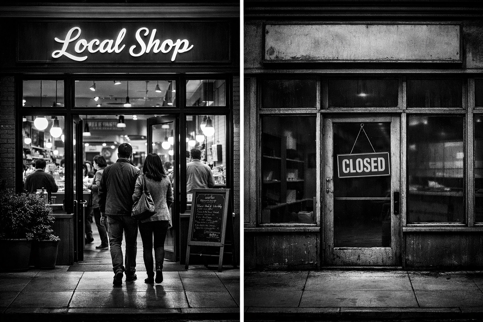 Comparison of thriving local business versus empty storefront showing SEO ranking impact