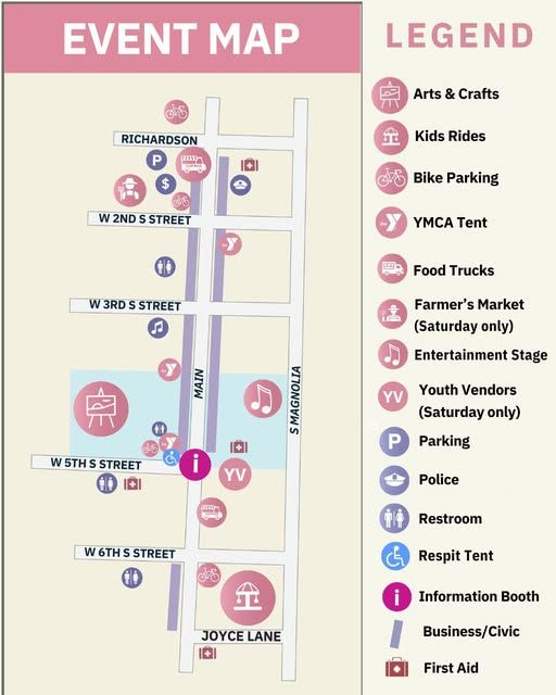 A detailed event map for downtown Summerville highlighting key locations