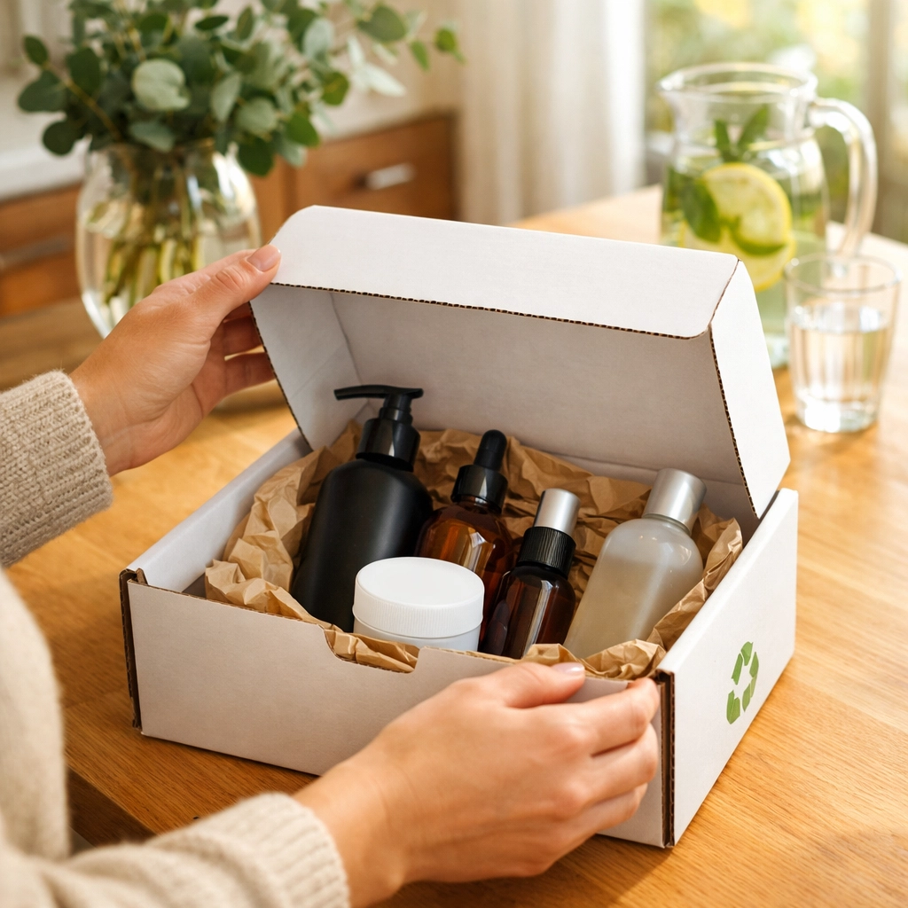 A luxury wellness club delivery box with premium plant-based products for a healthy home.