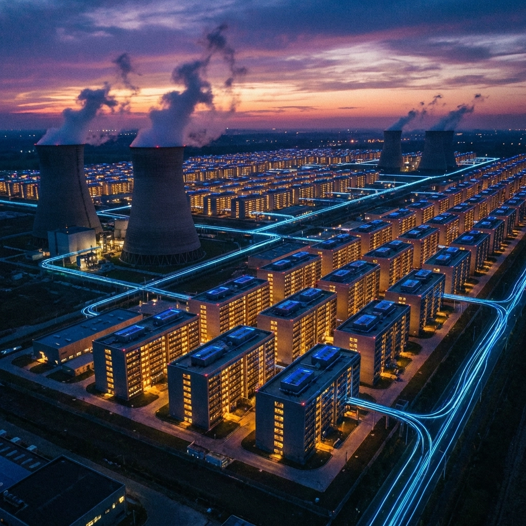 Aerial view of a high-tech data center complex at sunset, symbolizing private equity investment trends in AI infrastructure