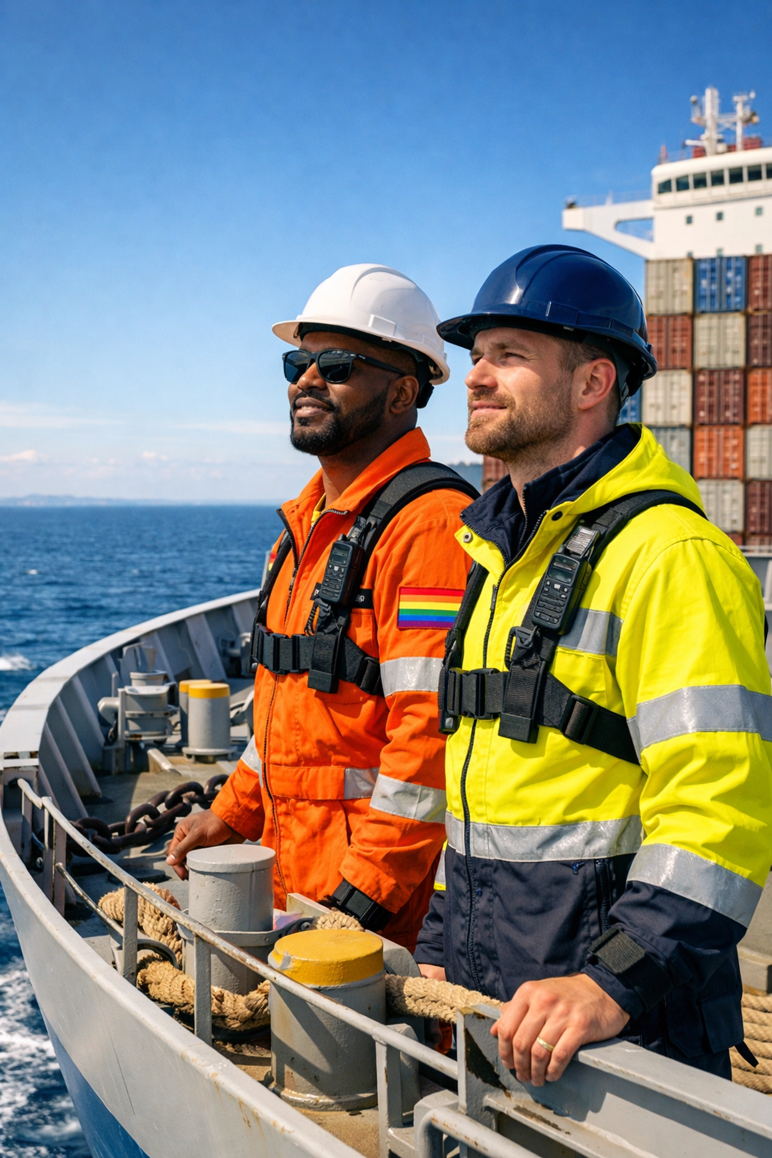 LGBTQ+ sailors in modern work gear showing pride and representation in the shipping industry.