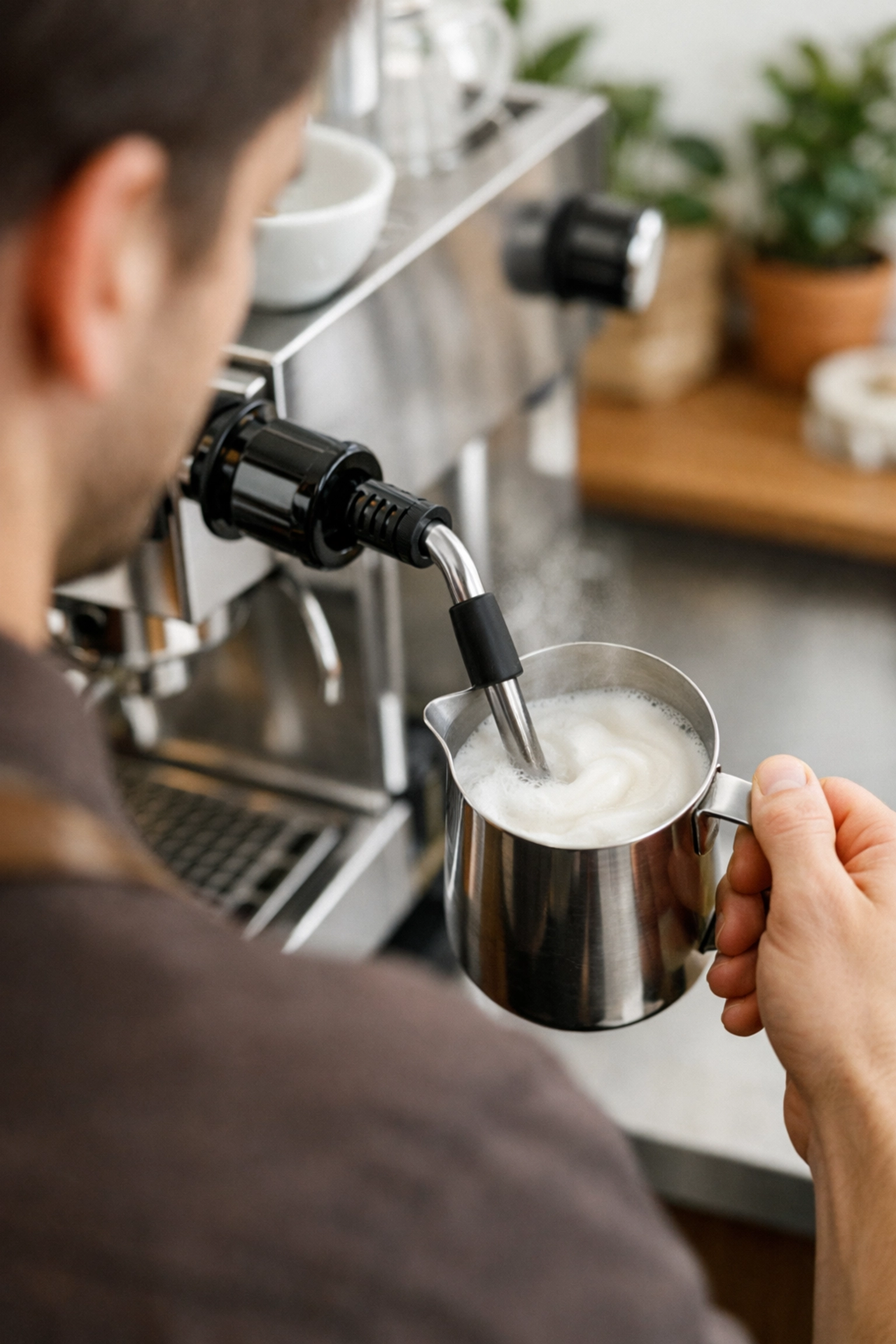 Professional barista steaming silky micro-foam for specialty coffee at an artisanal cafe.