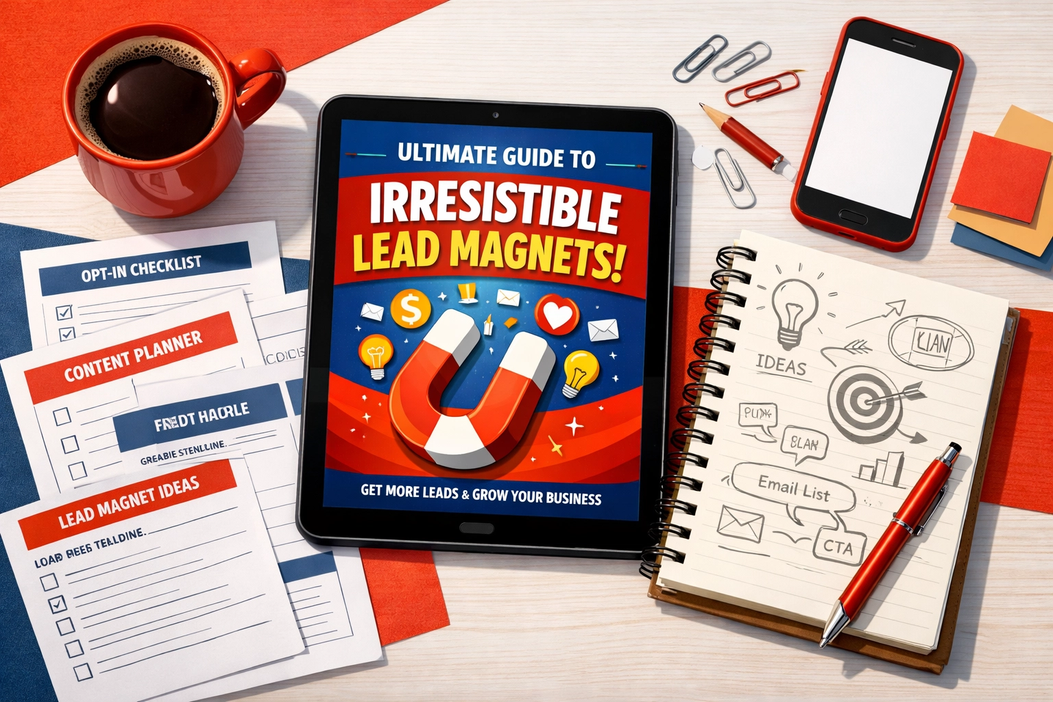 Lead magnet creation workspace with templates and marketing materials for small business