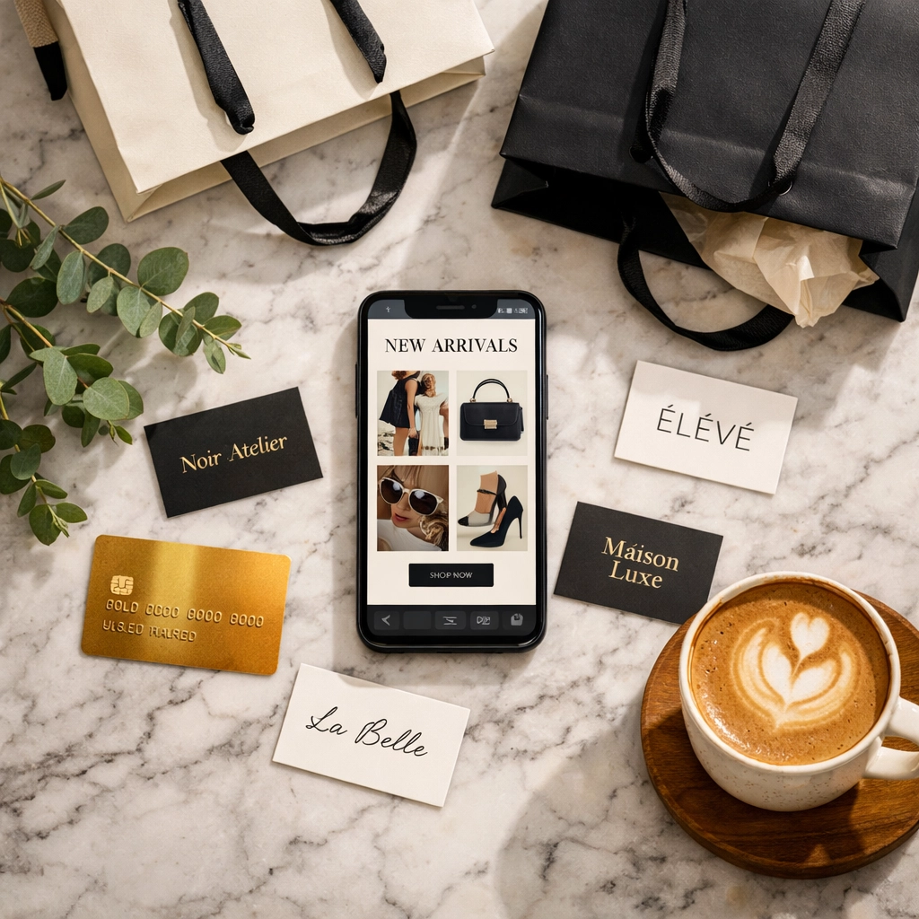 Luxury shopping flatlay with bags, smartphone and coffee showing Black-owned brand shopping