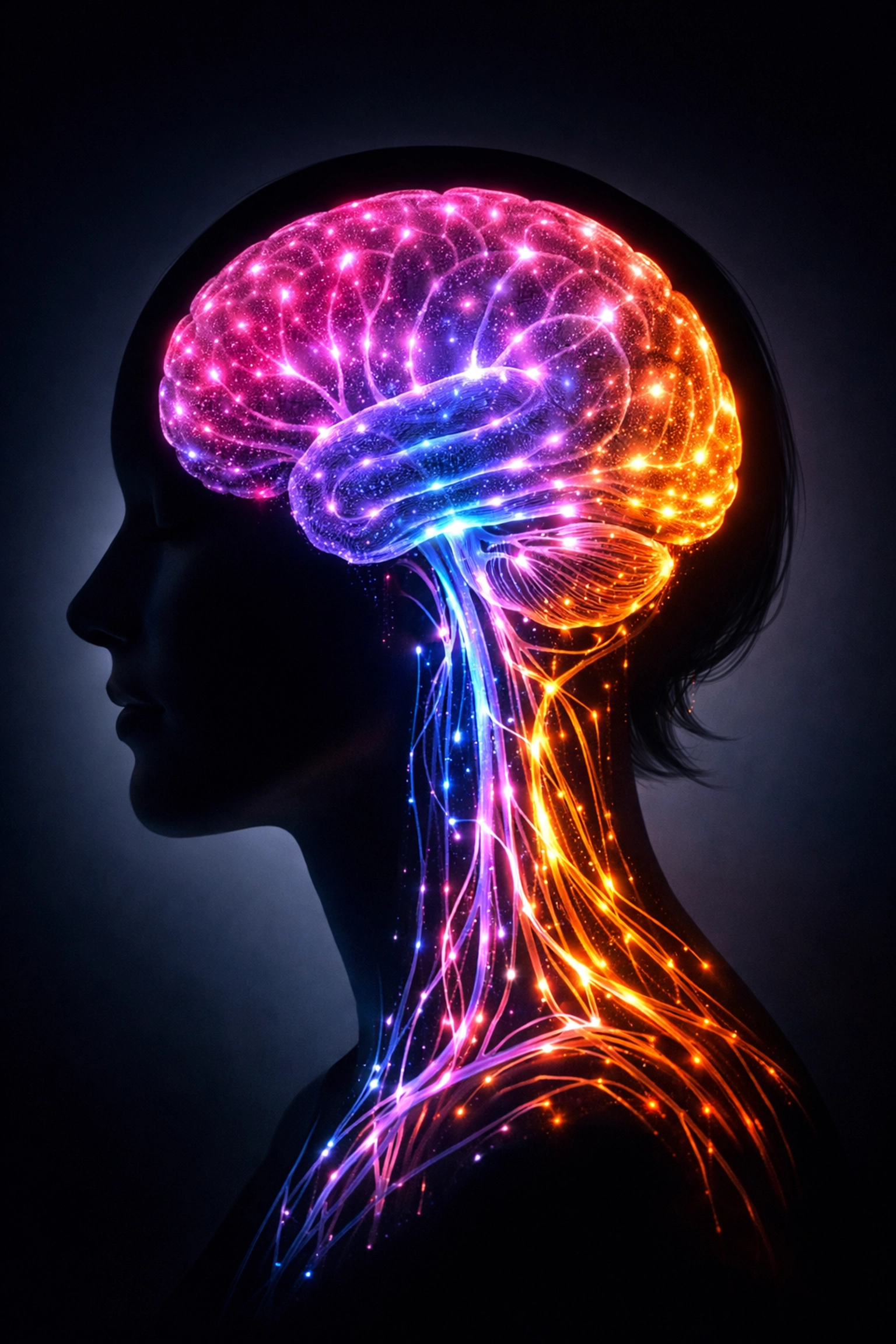 Silhouette with rainbow neural pathways representing the science of gender and queer identity.