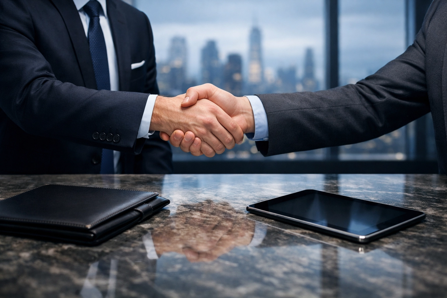 Two business professionals shaking hands after successfully navigating property management due diligence and sale.