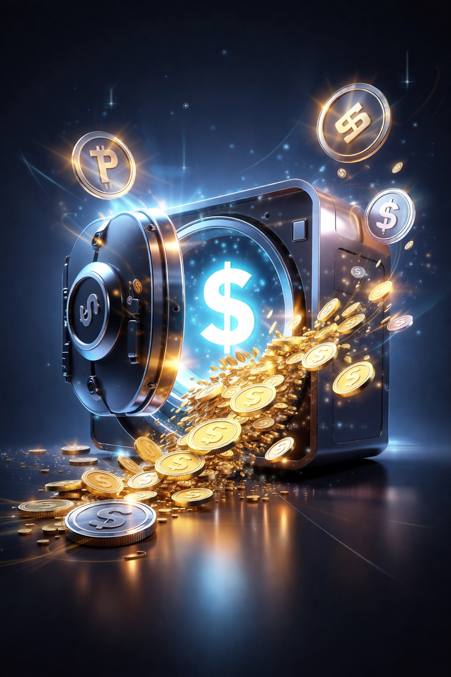 Digital vault with flowing coins and stablecoins symbolizes LUSD stablecoin integration for secure crypto payments