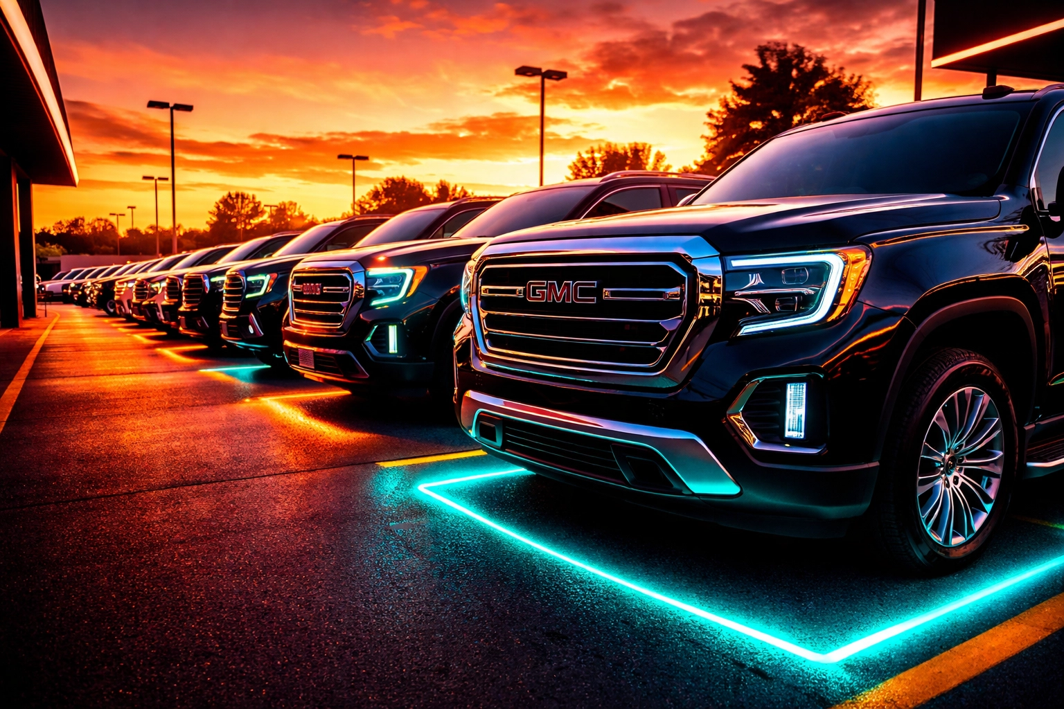 Lineup of clean used SUVs and trucks at Grateful Motors dealership in Arnold under sunset sky