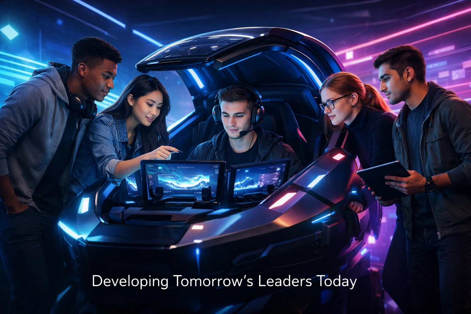 Diverse students collaborating at a high-tech EsportsPod simulation station for leadership and career development.