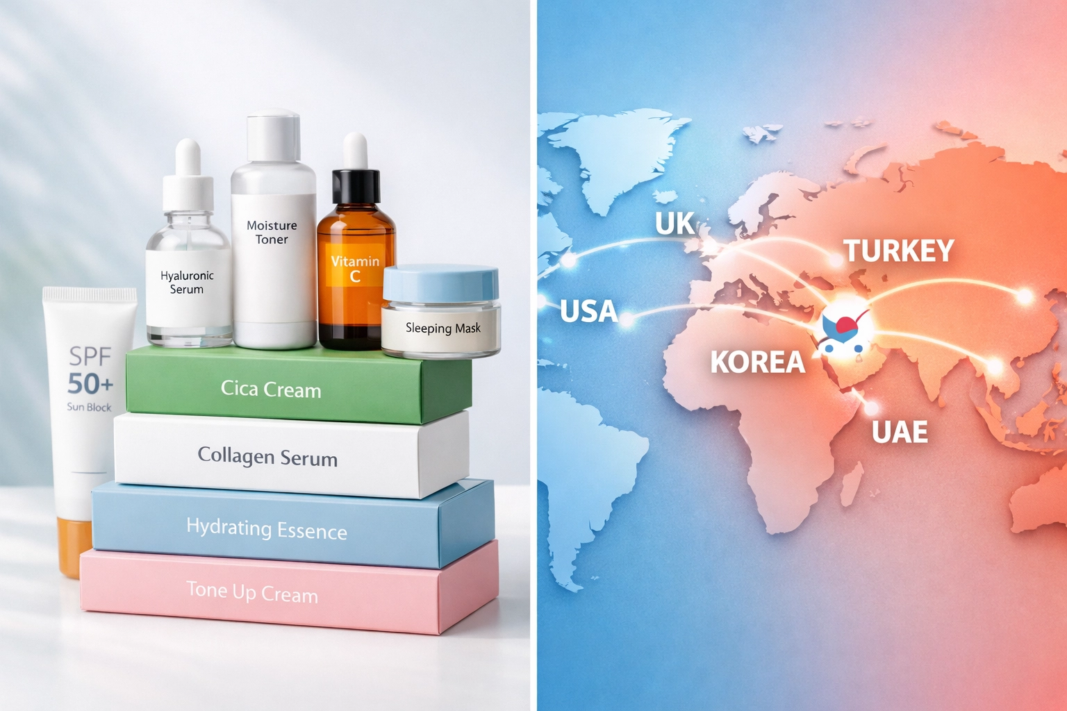 K-Beauty wholesale products with global shipping routes to USA, UK, UAE, and Turkey