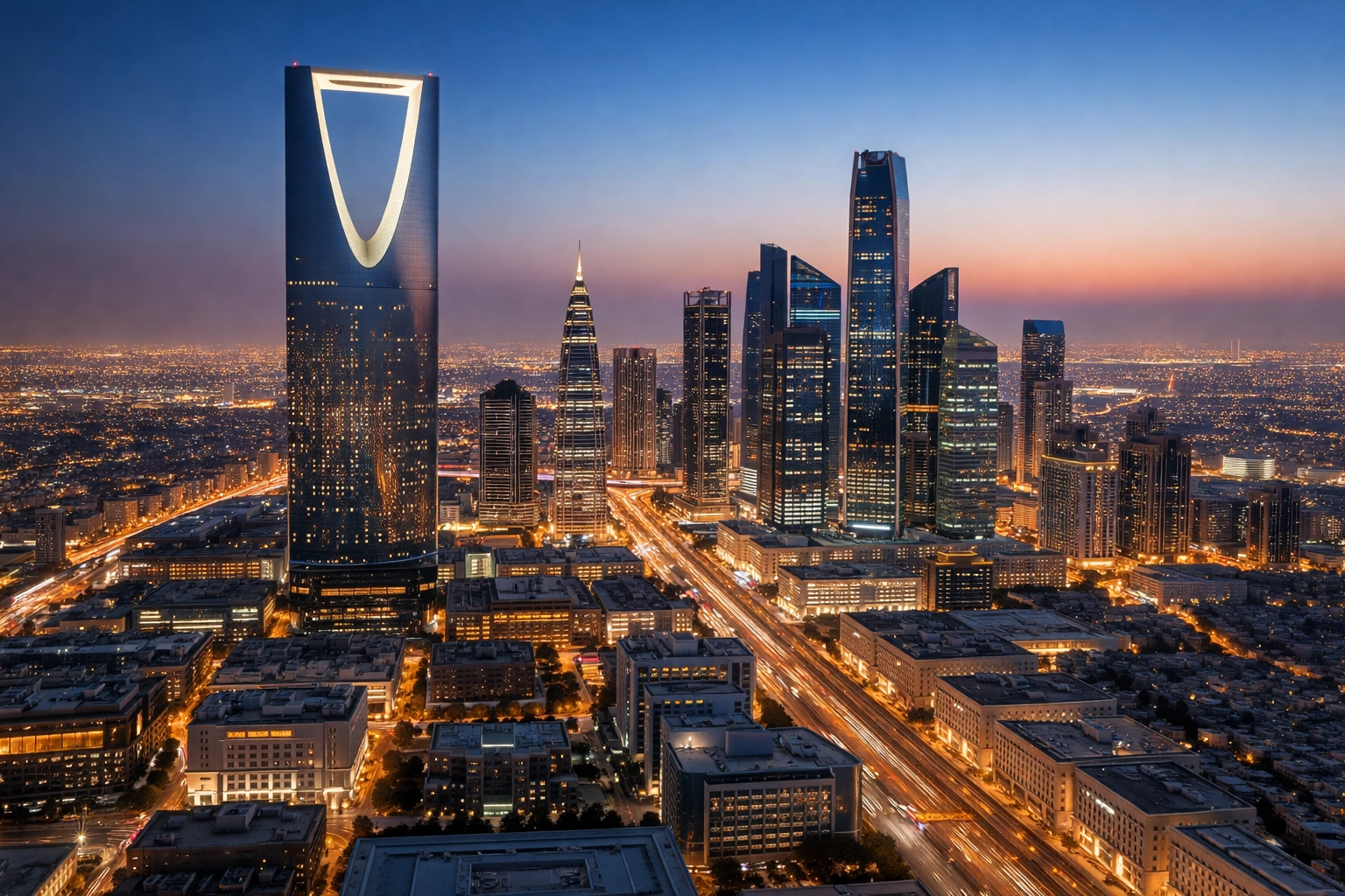 Aerial view of Riyadh's financial district at dusk, showcasing the city as a major growth capital hub in the Middle East.