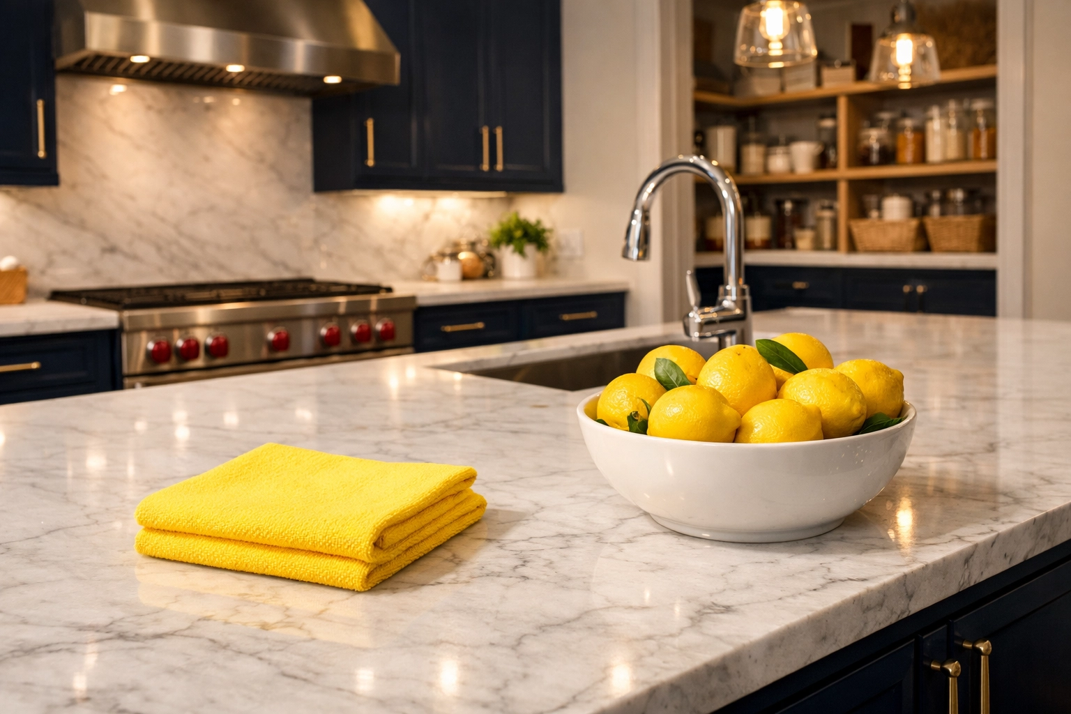 Sanitized luxury kitchen in Natick MA with white marble counters after weekly house cleaning services.