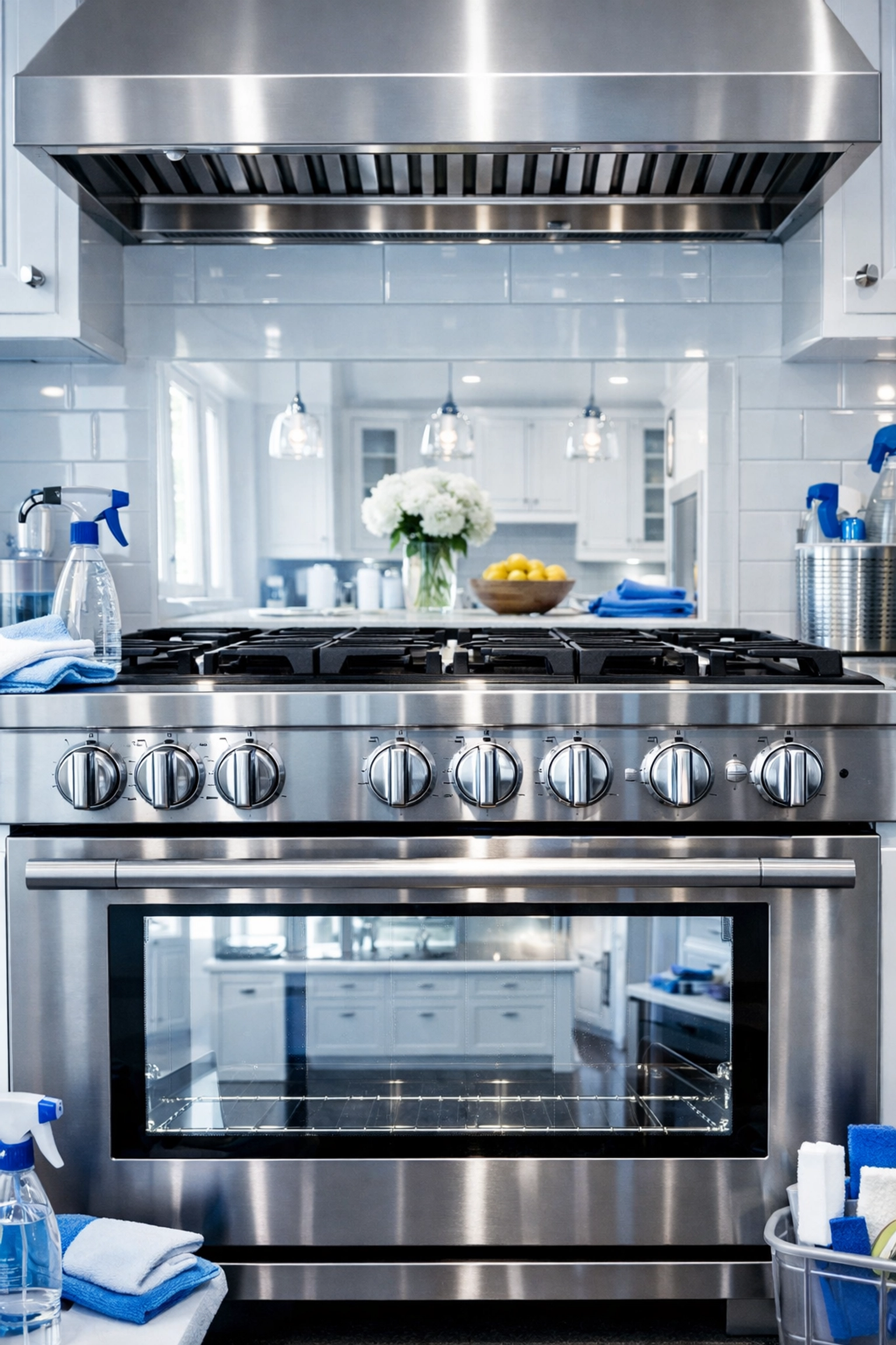 Deep cleaned high-end kitchen in Deerfield, MA featuring a sparkling stainless steel stove and polished surfaces.