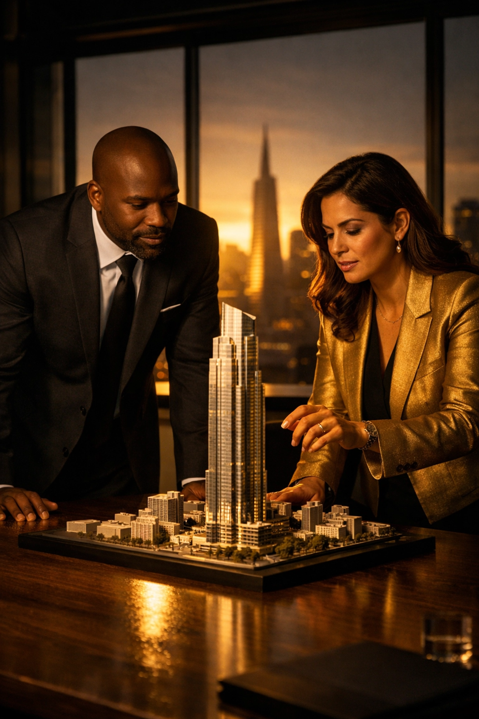 Business leaders reviewing a skyscraper architectural model for urban neighborhood revitalization.