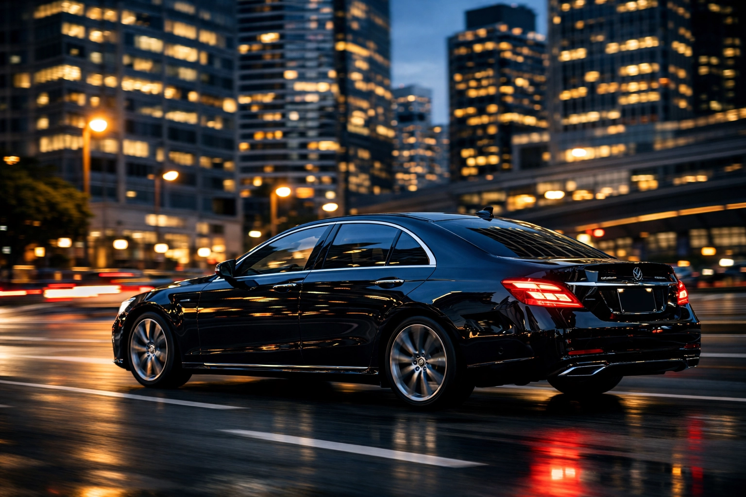 Sleek black luxury sedan driving through a city at dusk representing high-end corporate car services.
