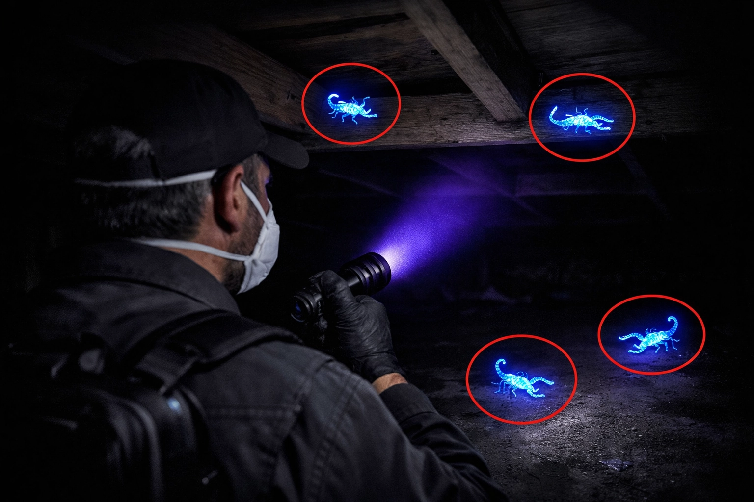 Pest control technician using UV light to detect scorpions during home inspection in Coolidge