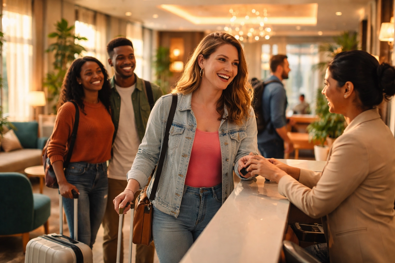 Hotel receptionist warmly greets transgender traveler in modern lobby, representing trans friendly hotels