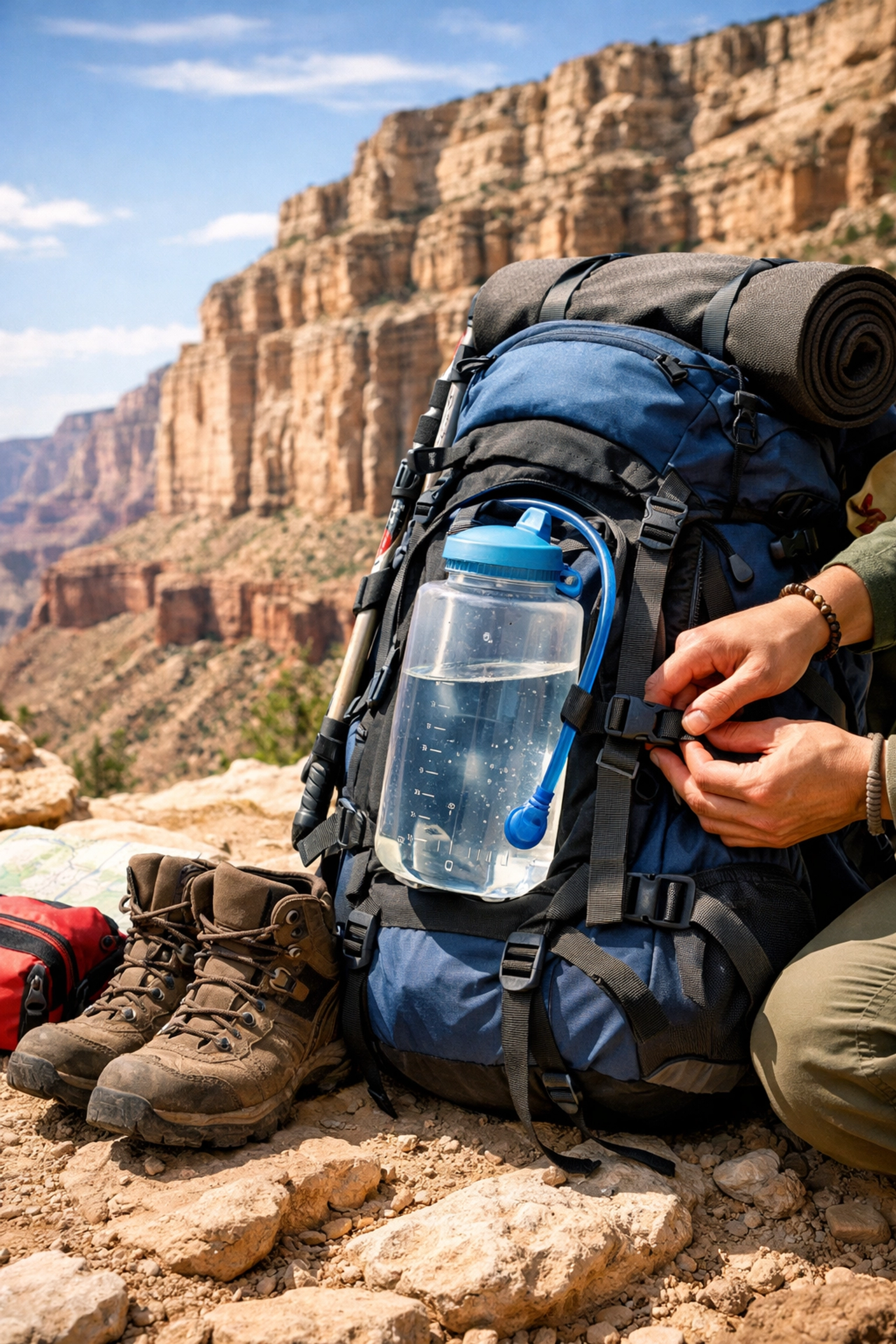 A student adjusts professional hiking gear and a water reservoir for a safe Grand Canyon science trip.