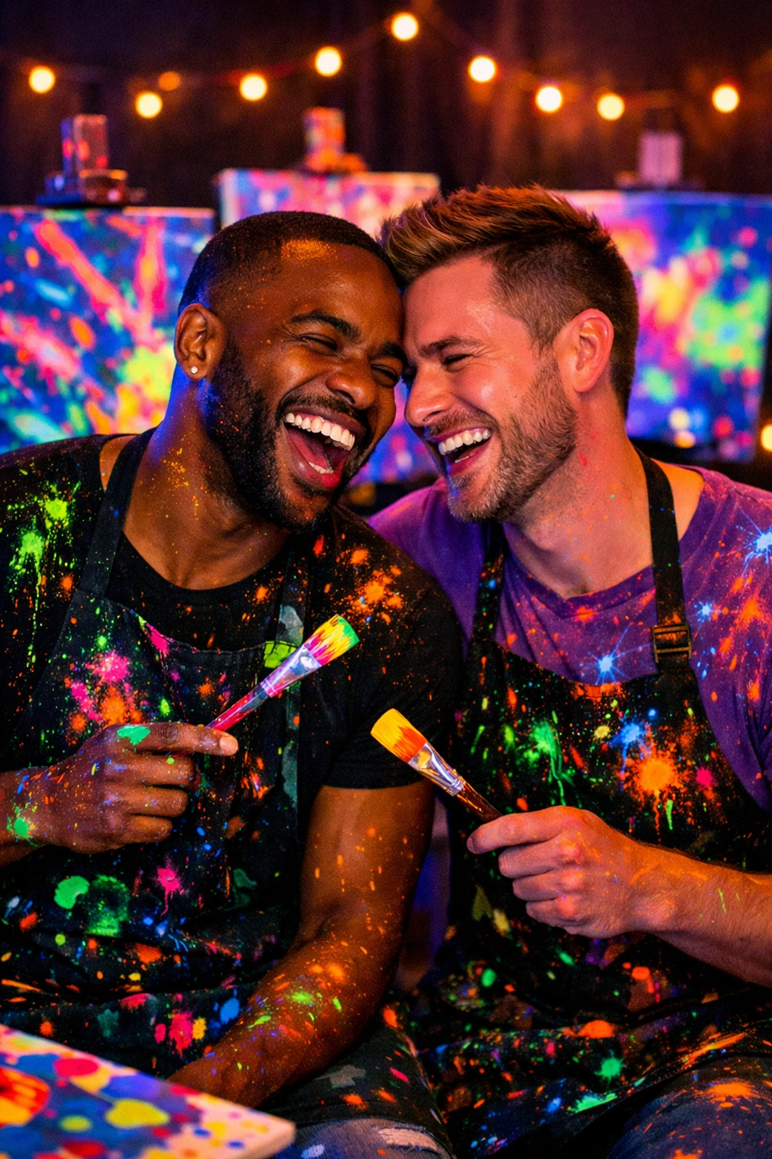 LGBTQ+ couple laughing together during painting workshop date in Monterrey