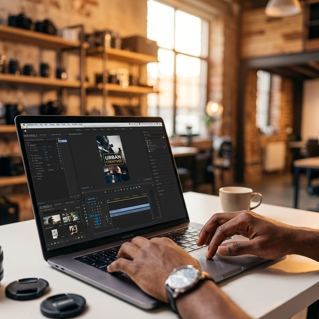 Hands editing a vertical video clip on a laptop with a brand logo