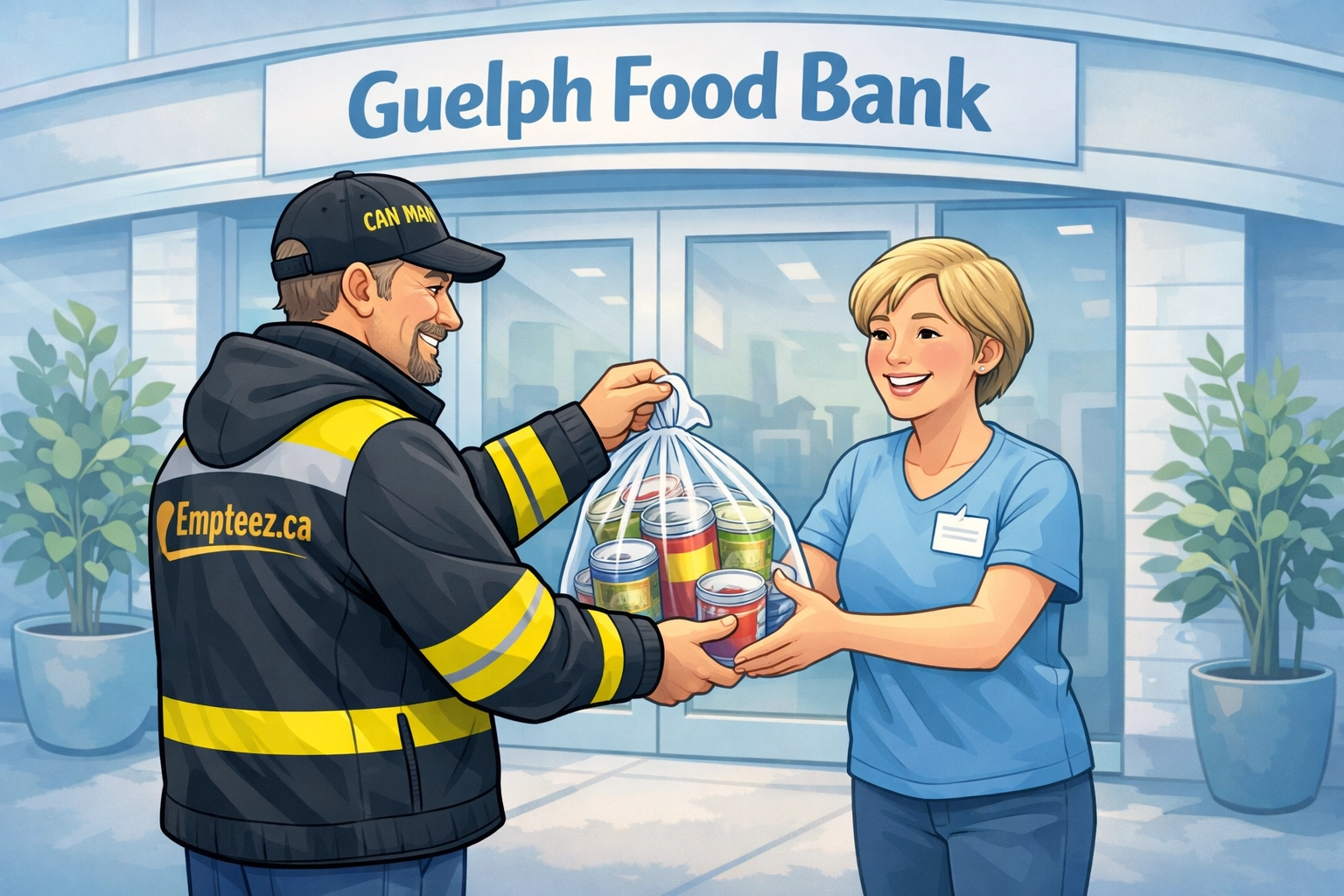 2D illustration of Tim “Can Man” Kemsley delivering a clear bag of food cans to the Guelph Food Bank entrance