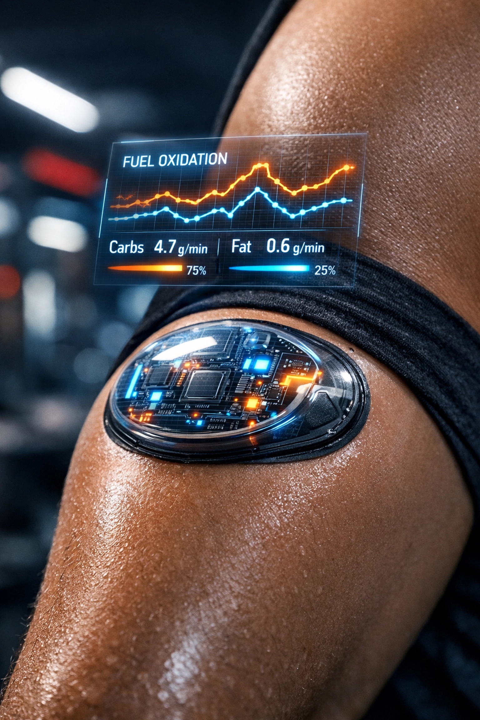 Wearable bio-sensor tracking metabolic data and fuel efficiency during exercise.