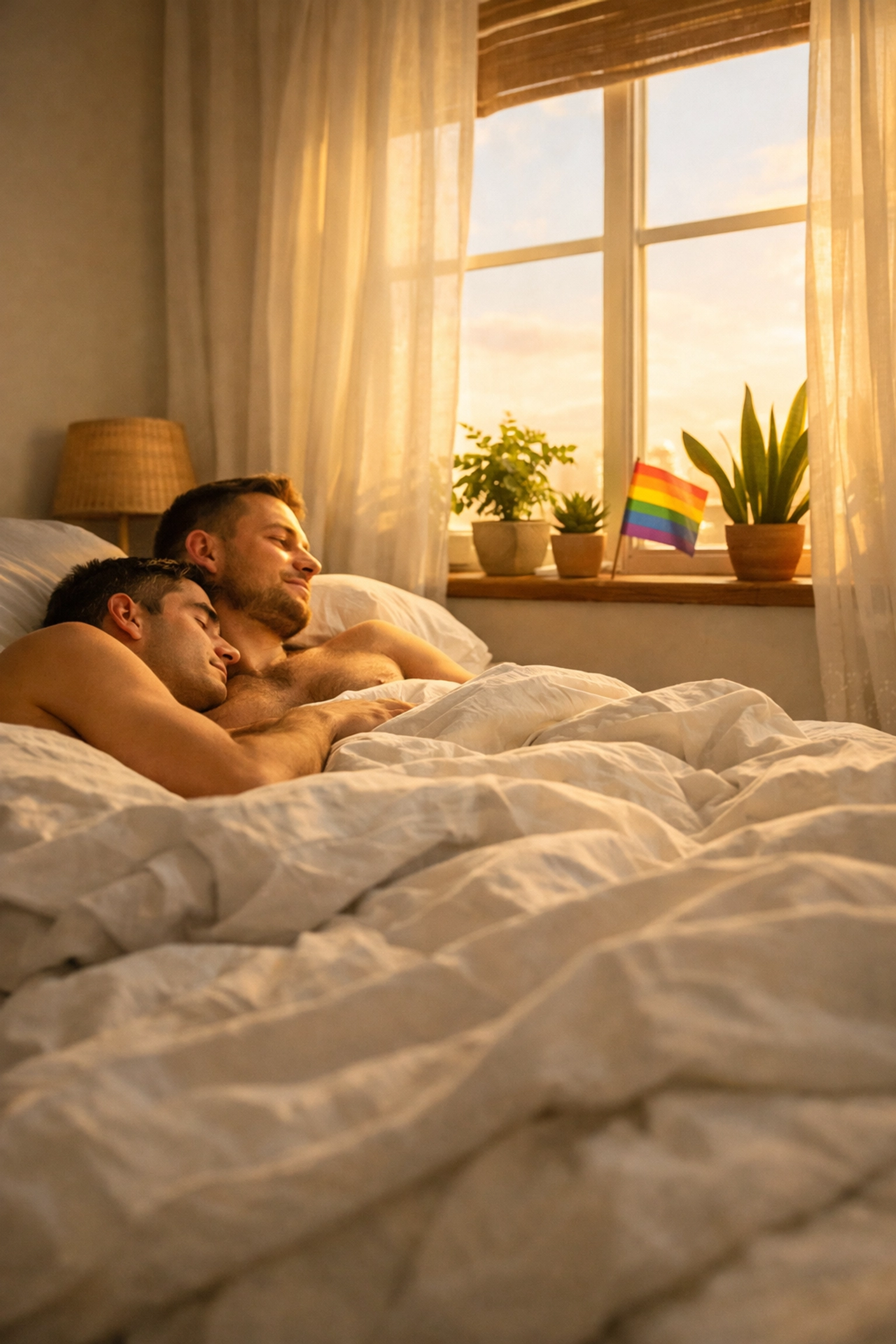 Peaceful bedroom with morning light illustrating naturism sleep benefits for LGBTQ+ wellness