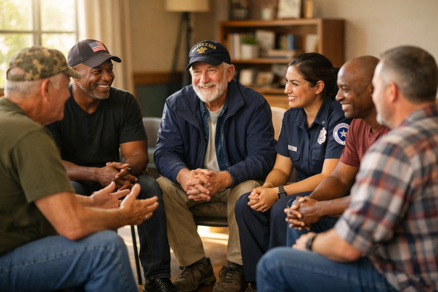 Veterans and first responders in peer support group meeting discussing mental health
