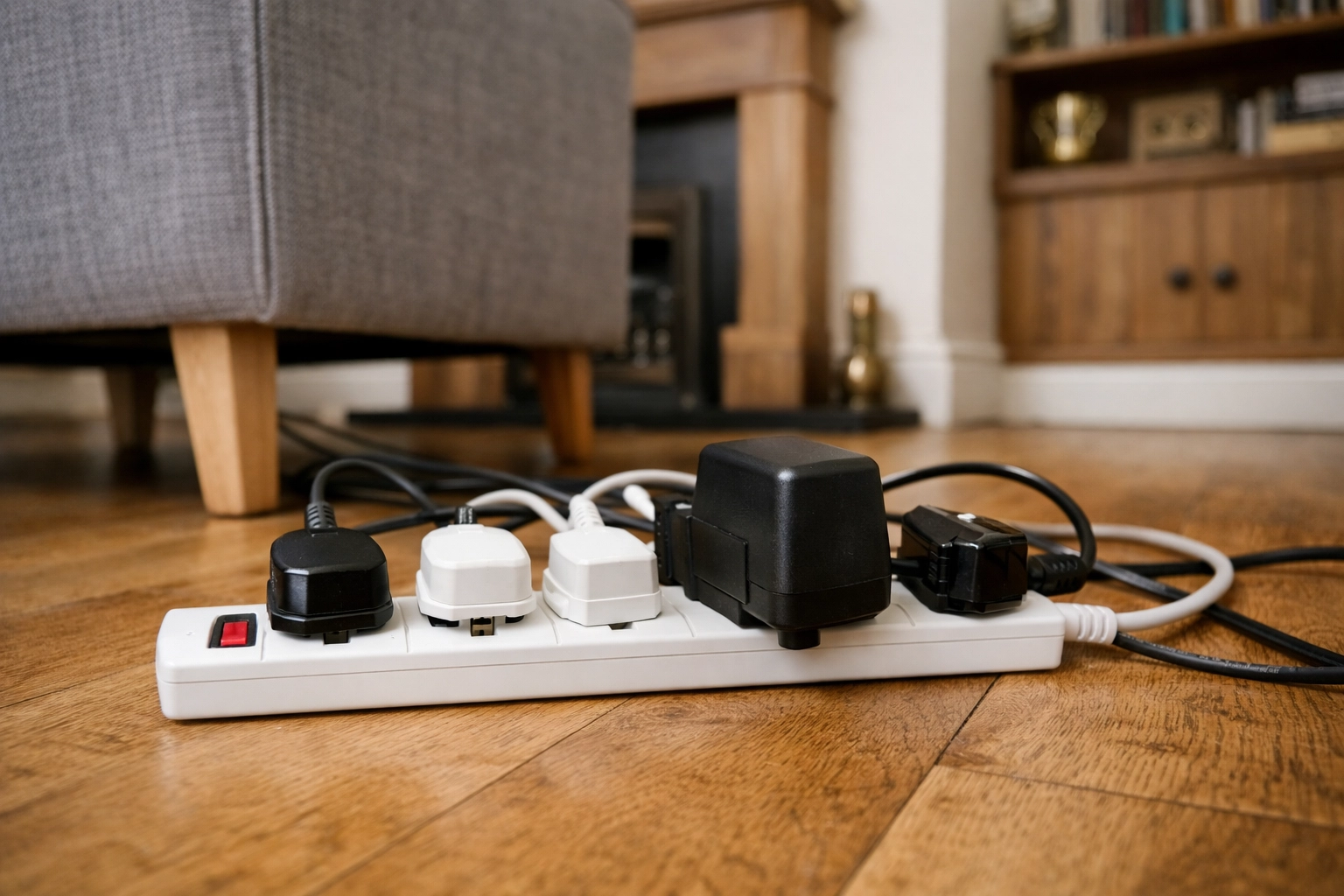 Overloaded UK extension lead creating a fire hazard in a living room; call an electrician in Poole.