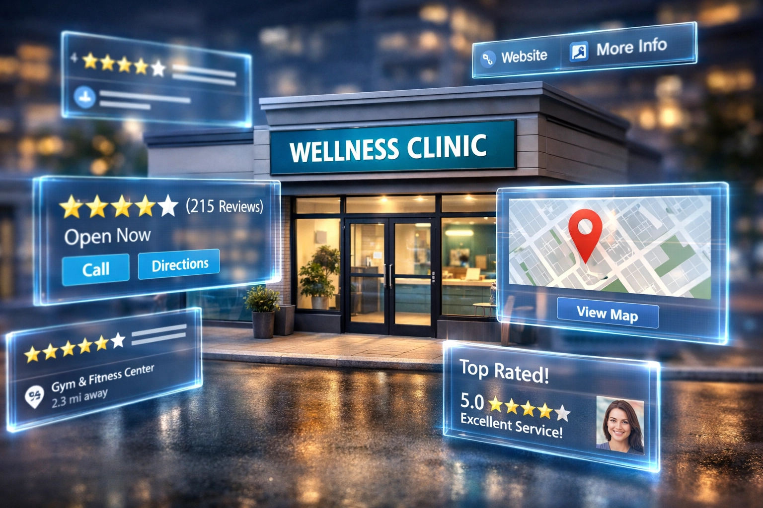 Small business storefront with digital search results showing local SEO visibility and ratings