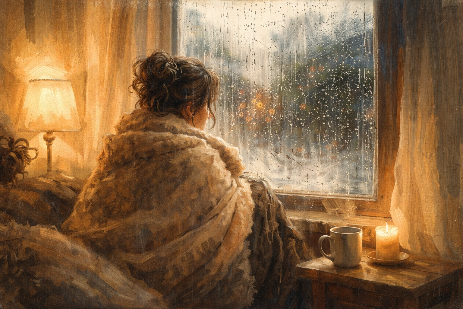 Person wrapped in a blanket gazing out a rainy window, illustrating under-stimulation exhaustion at home.