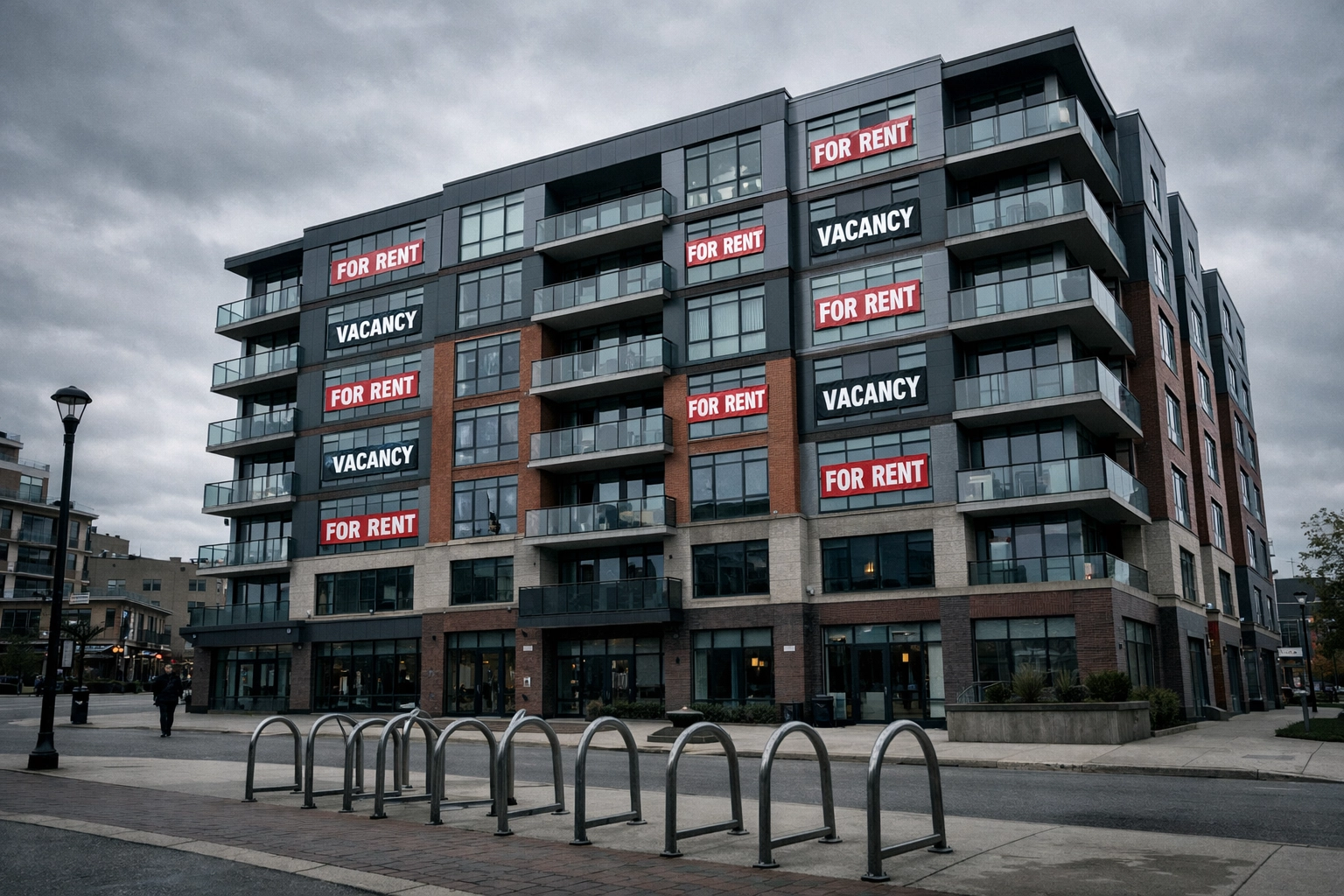 Student housing building with vacancy signs in Uptown Waterloo showing rental market oversupply