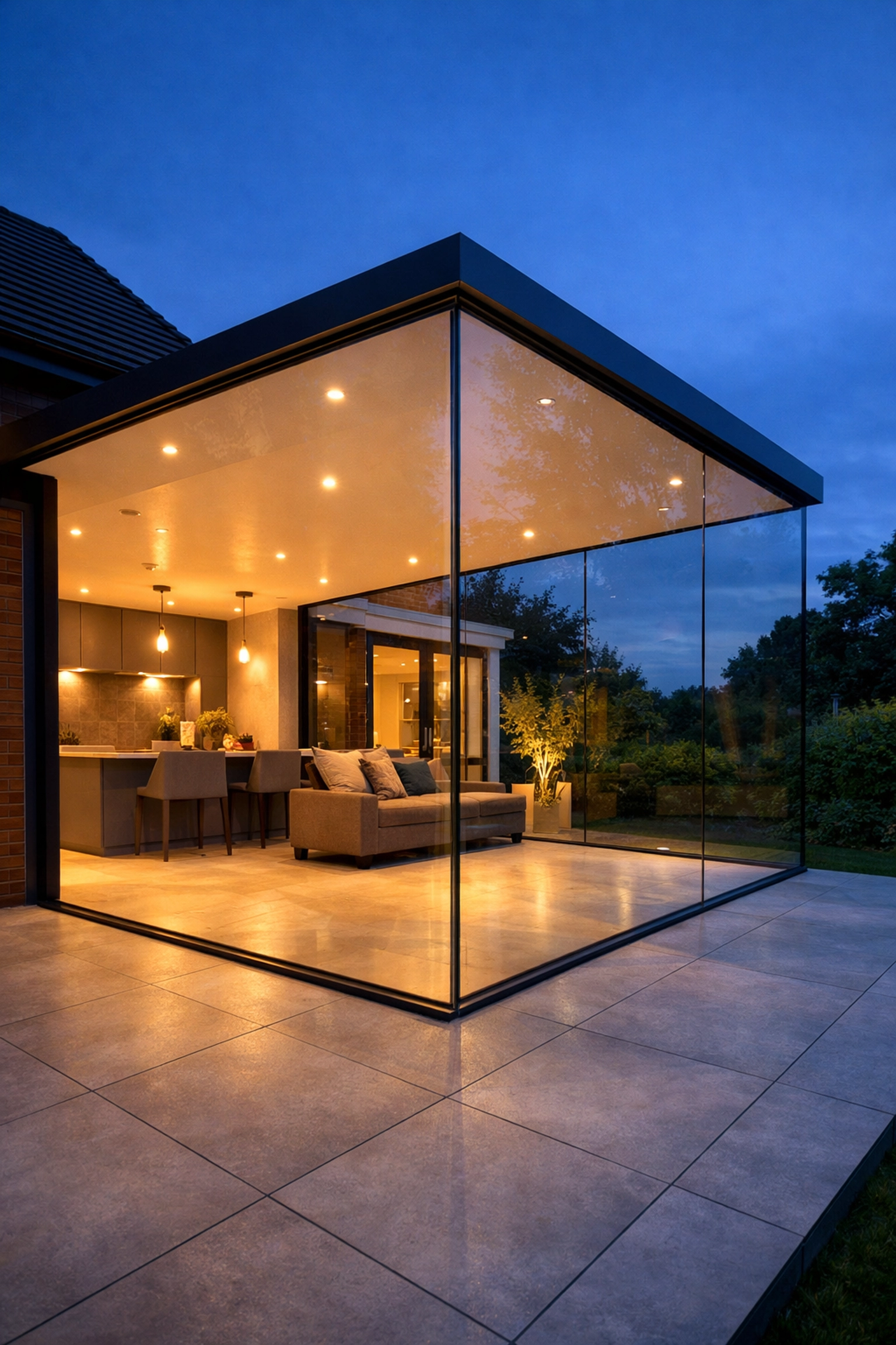 Modern glass extension in Surrey with a floating corner design and invisible structural support.