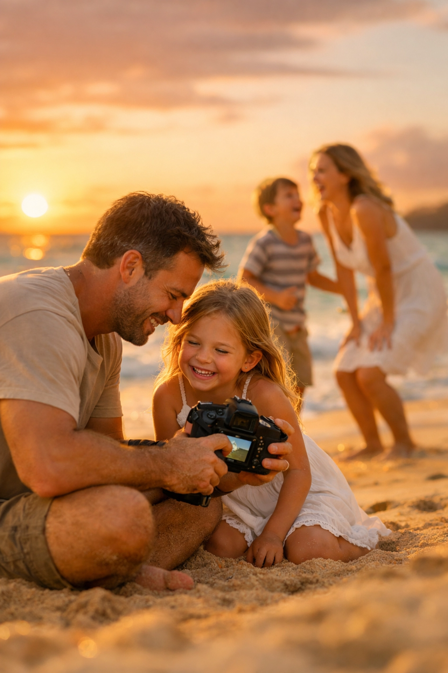 A family captures memories with a camera on a sunset beach during a relaxing family travel vacation.