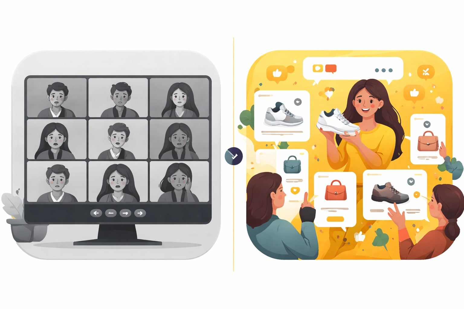 Comparison of traditional video calls versus live shopping platforms with real-time engagement